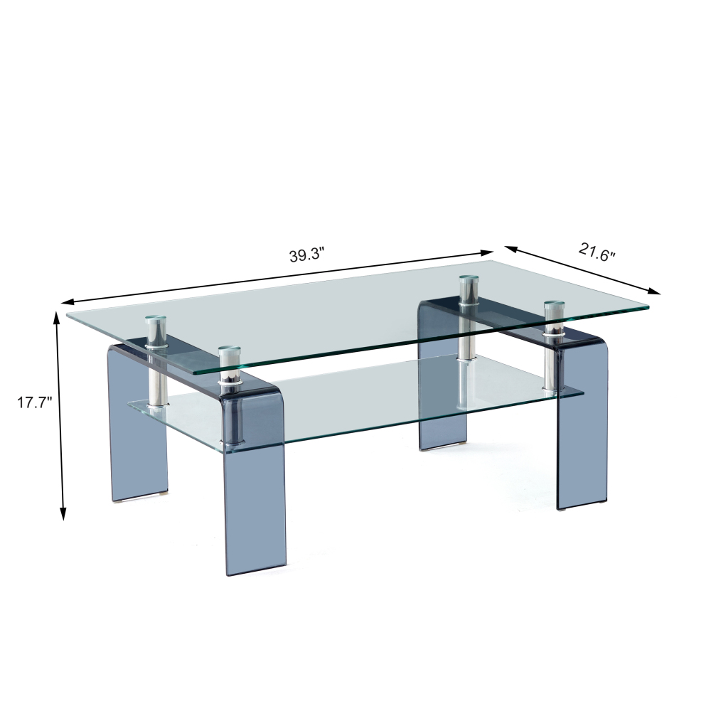 Modern Tempered Glass Coffee Table with Smoke Legs - Contemporary 2-Tier Rectangular Center Table for Living Room