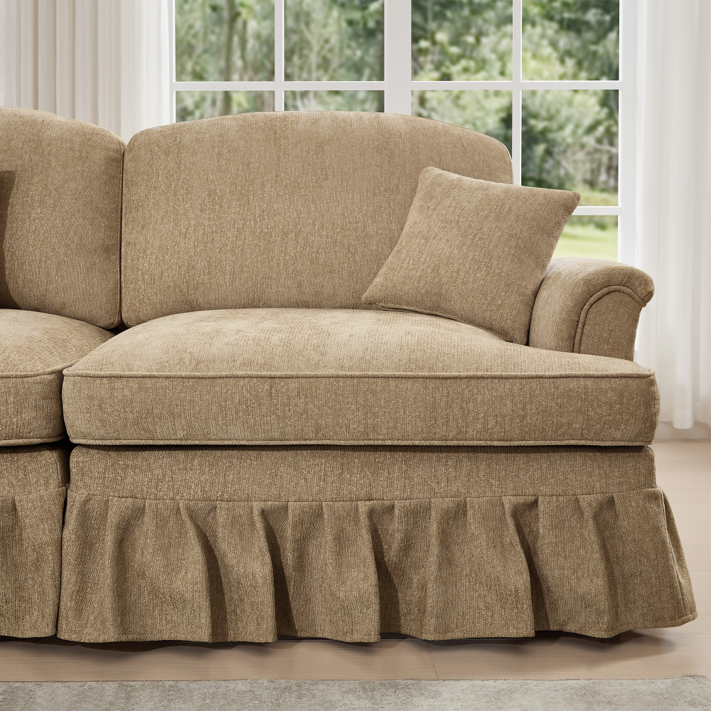 Classic U-Shaped Modular Sectional Sofa with Removable Ruffle Skirt, Deep Seat Chenille Couch with Flared Arms and Spindle Legs, Light Coffee