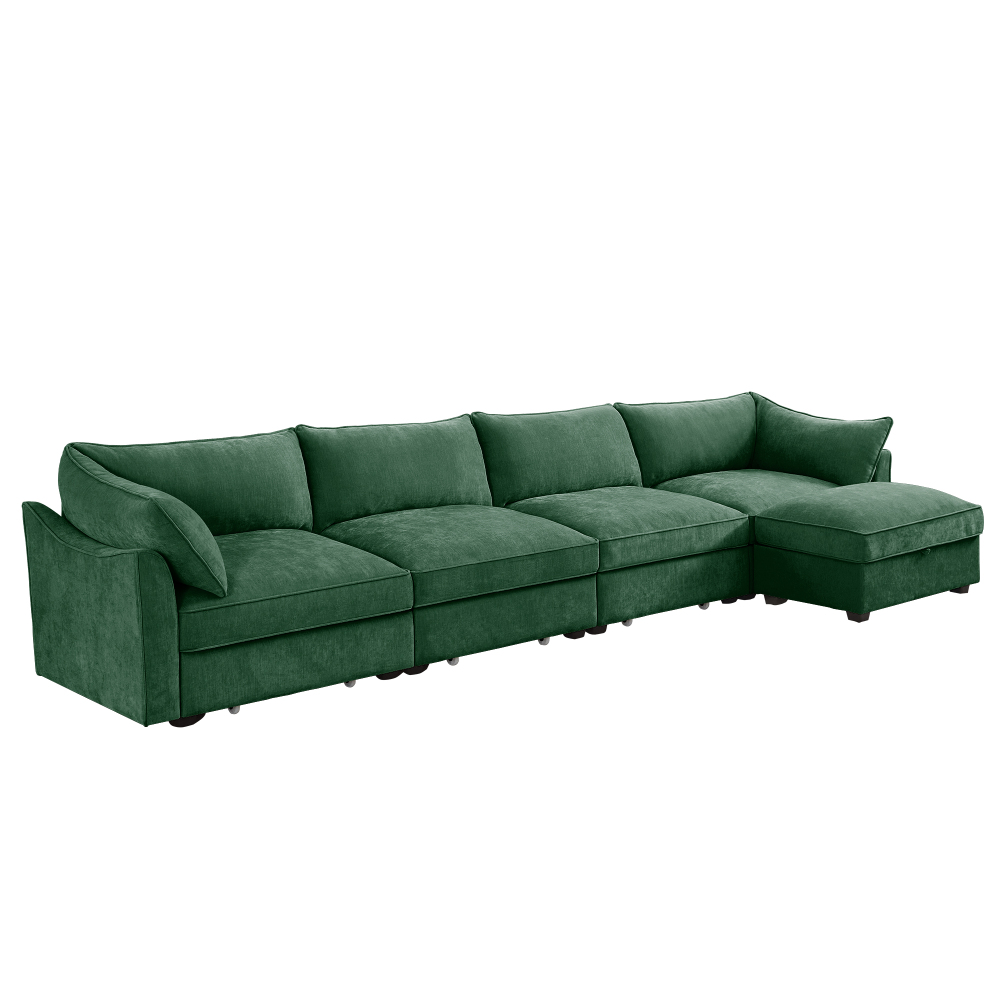 Green Chenille L-Shaped Sectional Sofa, 4-Seat Modular Couch with Movable Ottoman, Crescent Armrests & Wraparound Back Cushions for Living Room