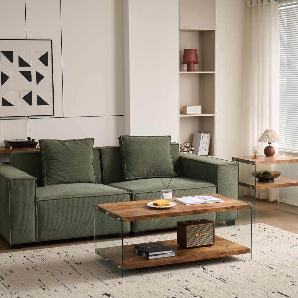 Modern Two-Tier Coffee Table with Tempered Glass Legs and Walnut Wood Top, Stylish Living Room Center Table