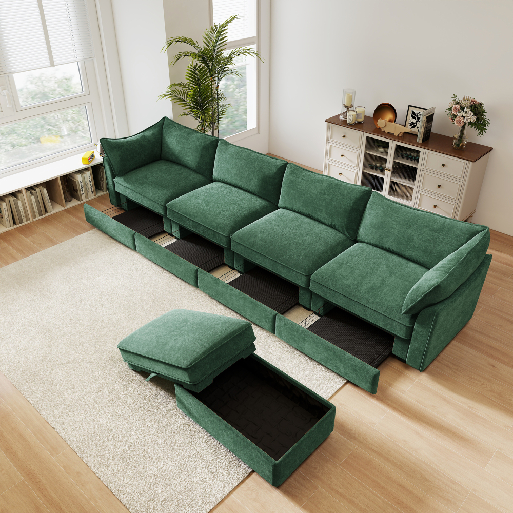 Green Chenille L-Shaped Sectional Sofa, 4-Seat Modular Couch with Movable Ottoman, Crescent Armrests & Wraparound Back Cushions for Living Room