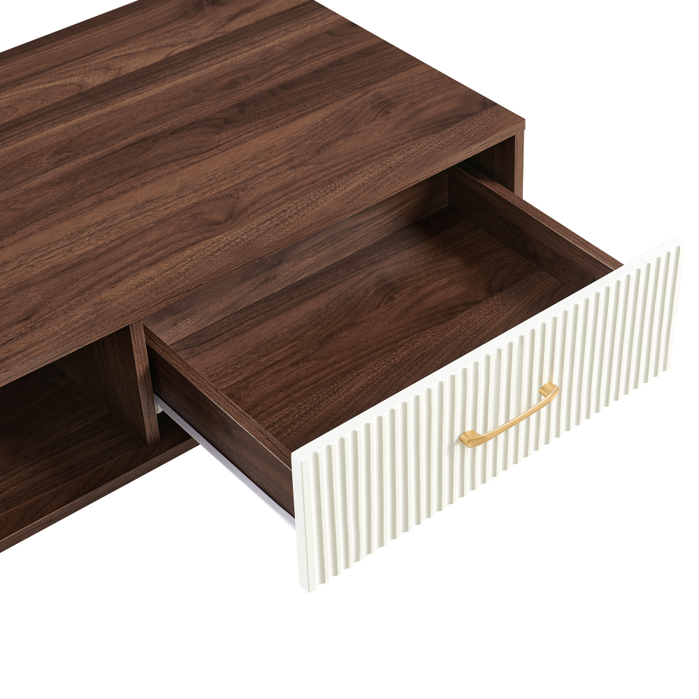 Mid-Century Modern Coffee Table with Sliding Drawer & Open Shelf Storage, Walnut Finish Rectangle Living Room Center Table with Solid Wood Legs