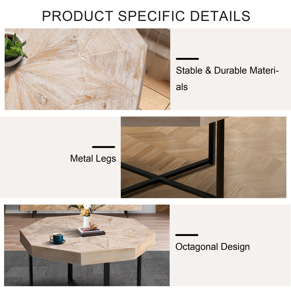 Vintage Octagonal Coffee Table with Patchwork Wood Top & Cross Metal Legs - Rustic Farmhouse Accent Table for Living Room
