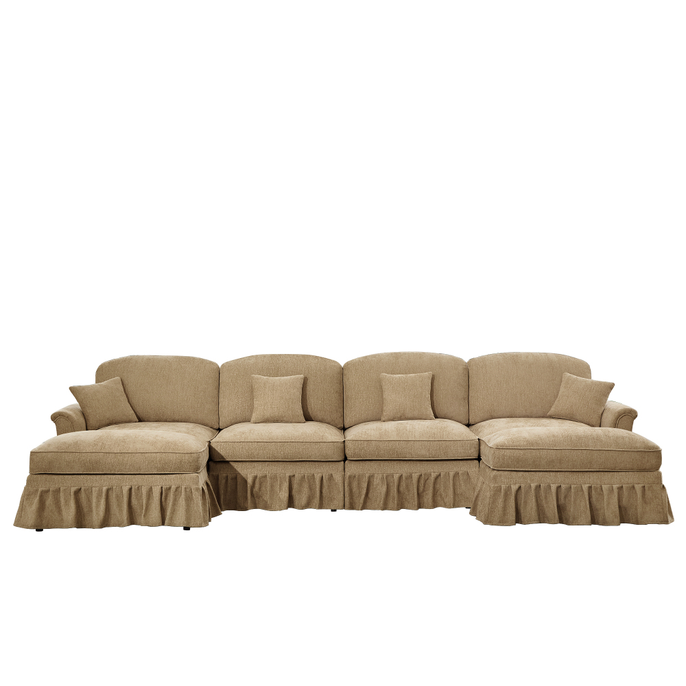 Classic U-Shaped Modular Sectional Sofa with Removable Ruffle Skirt, Deep Seat Chenille Couch with Flared Arms and Spindle Legs, Light Coffee