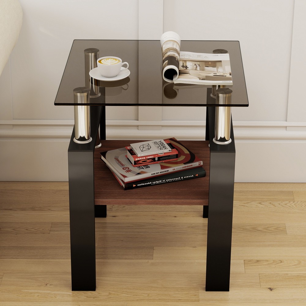 Set of 2 Modern Tempered Glass End Tables with MDF Shelf, Square Coffee Side Tables for Living Room