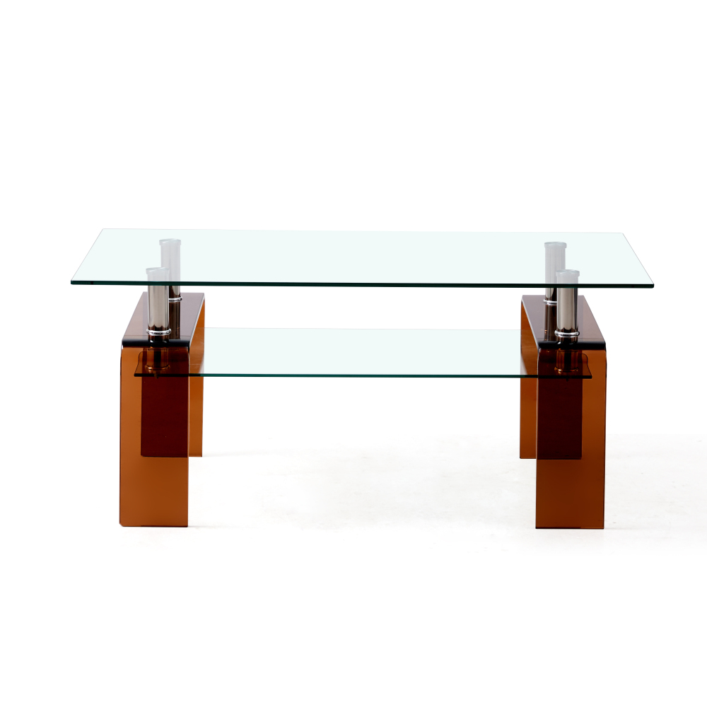 Modern Tempered Glass Coffee Table with Brown Legs - 2-Tier Storage Center for Living Room