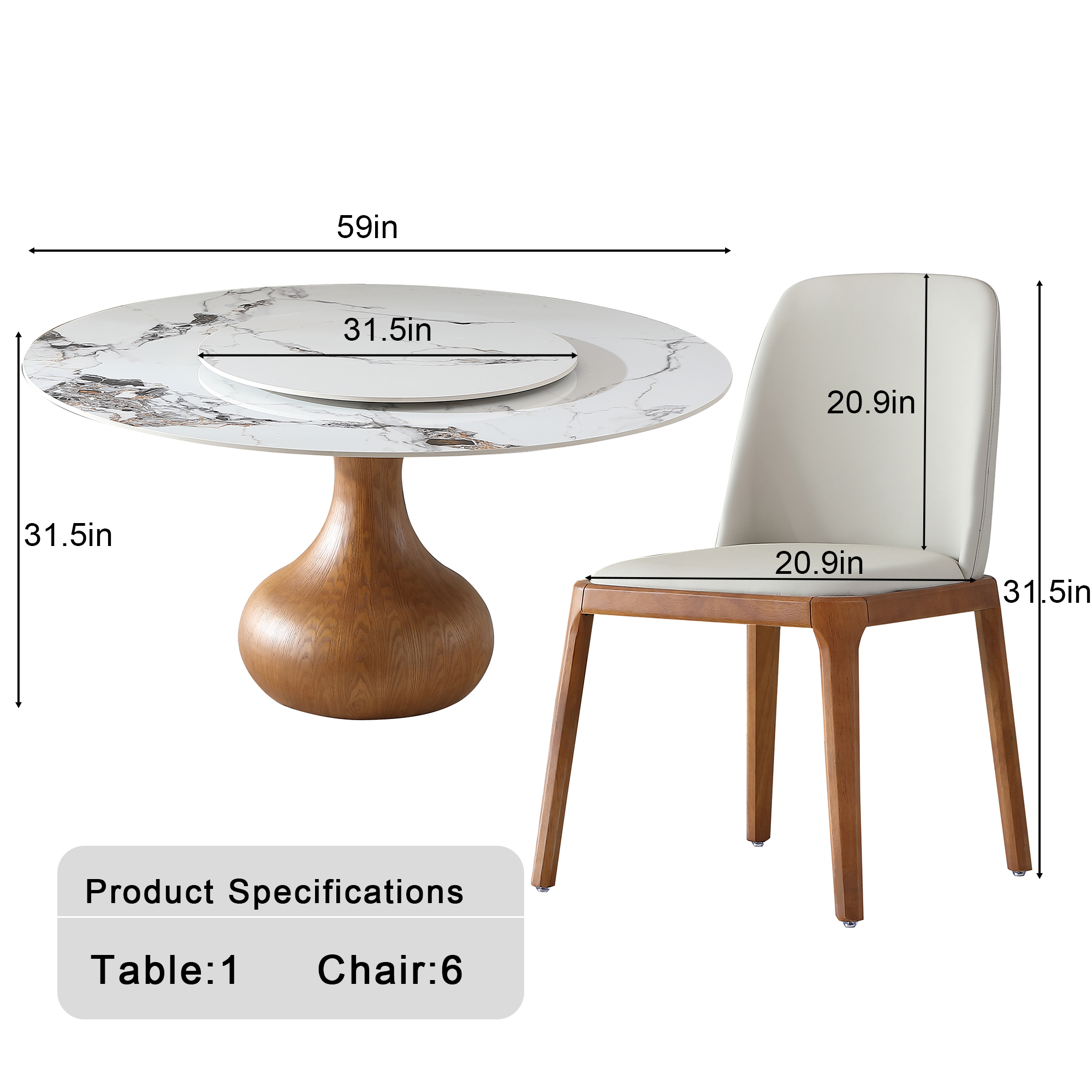 59" Round Sintered Stone Dining Table Set with Lazy Susan, Modern Marble Kitchen Table & 6 Upholstered Chairs, Luxury Pedestal Base for Dining Room