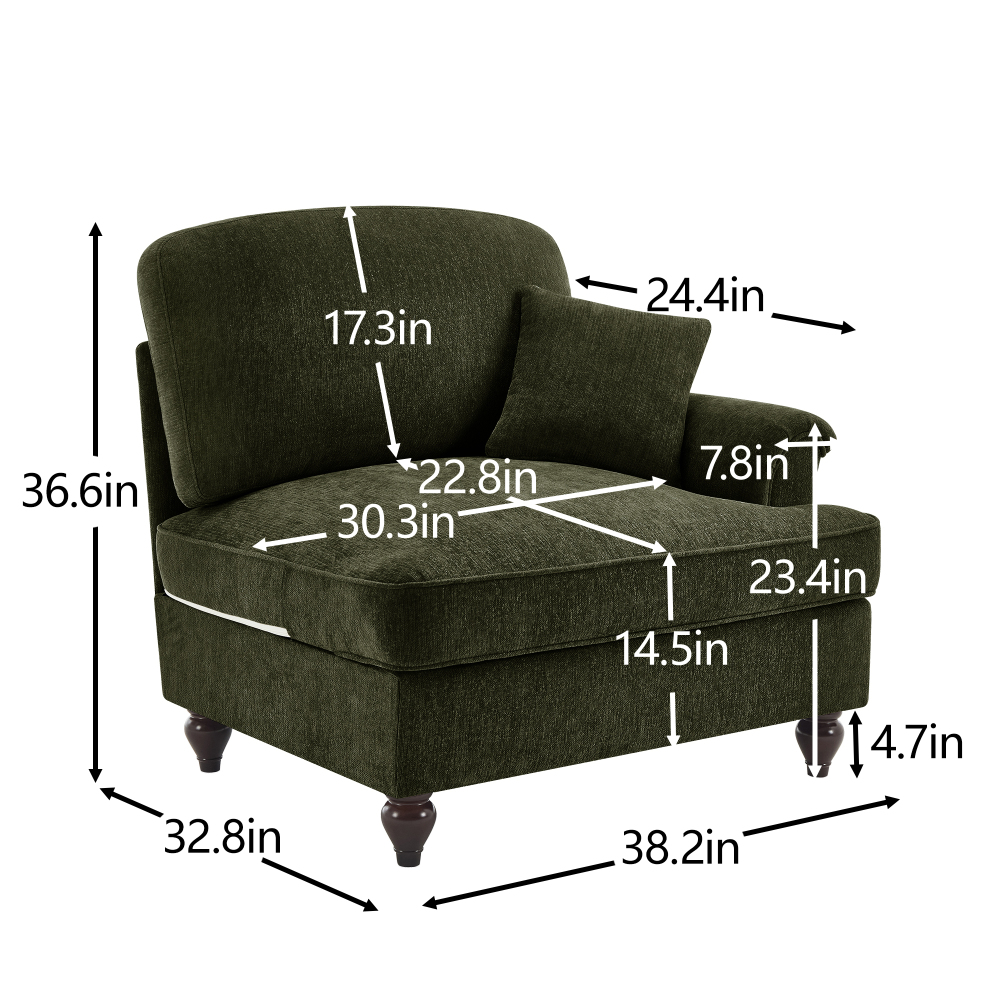 Green Chenille Modular Chaise Lounge Sofa with Detachable Ruffle Skirt & Throw Pillow