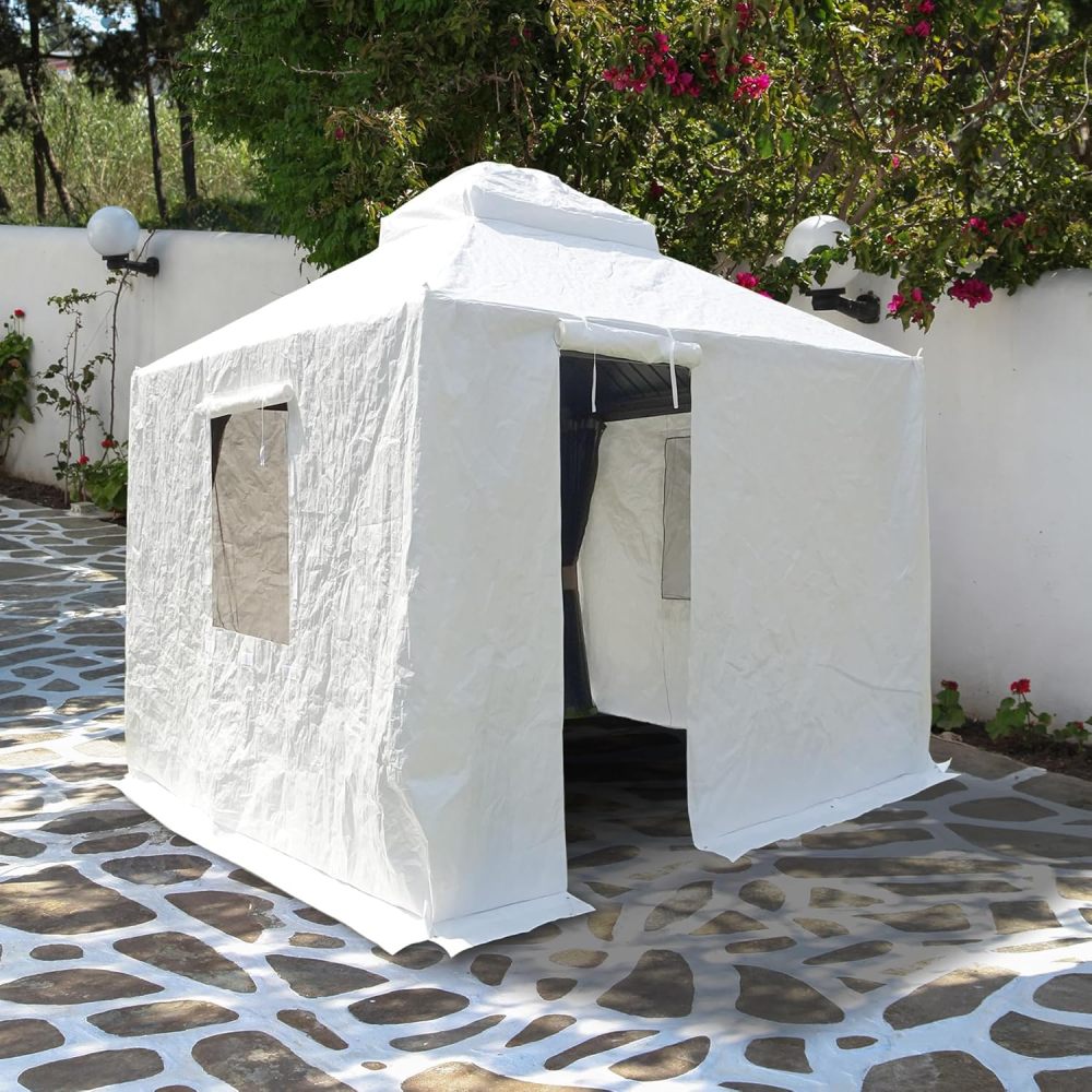 White Waterproof Winter Gazebo Enclosure Cover with Zippered Door & Mesh Windows for 8'x8' Metal Patio Canopy