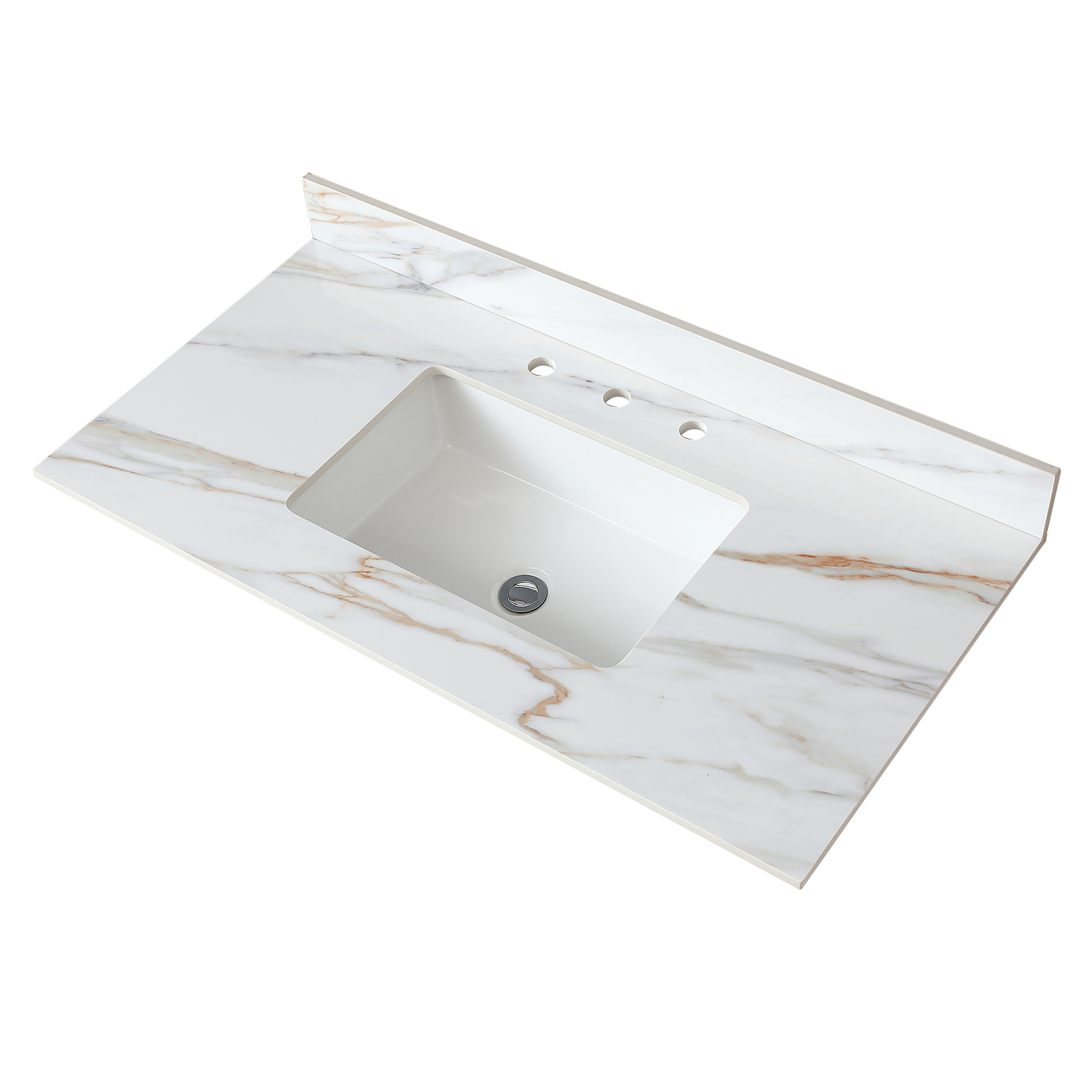 43 Inch Sintered Stone Vanity Top with Undermount Rectangular Sink, Carrara White Marble Bathroom Countertop with 4-Inch Backsplash & Pre-Drilled Faucet Holes