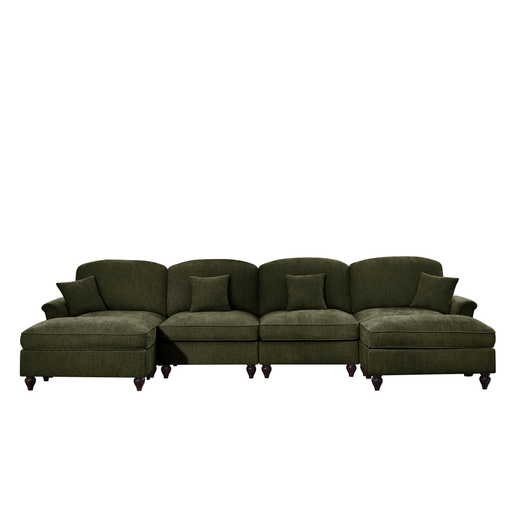 Classic Green Chenille U-Shaped Modular Sectional Sofa with Removable Ruffle Skirt & Flared Arms
