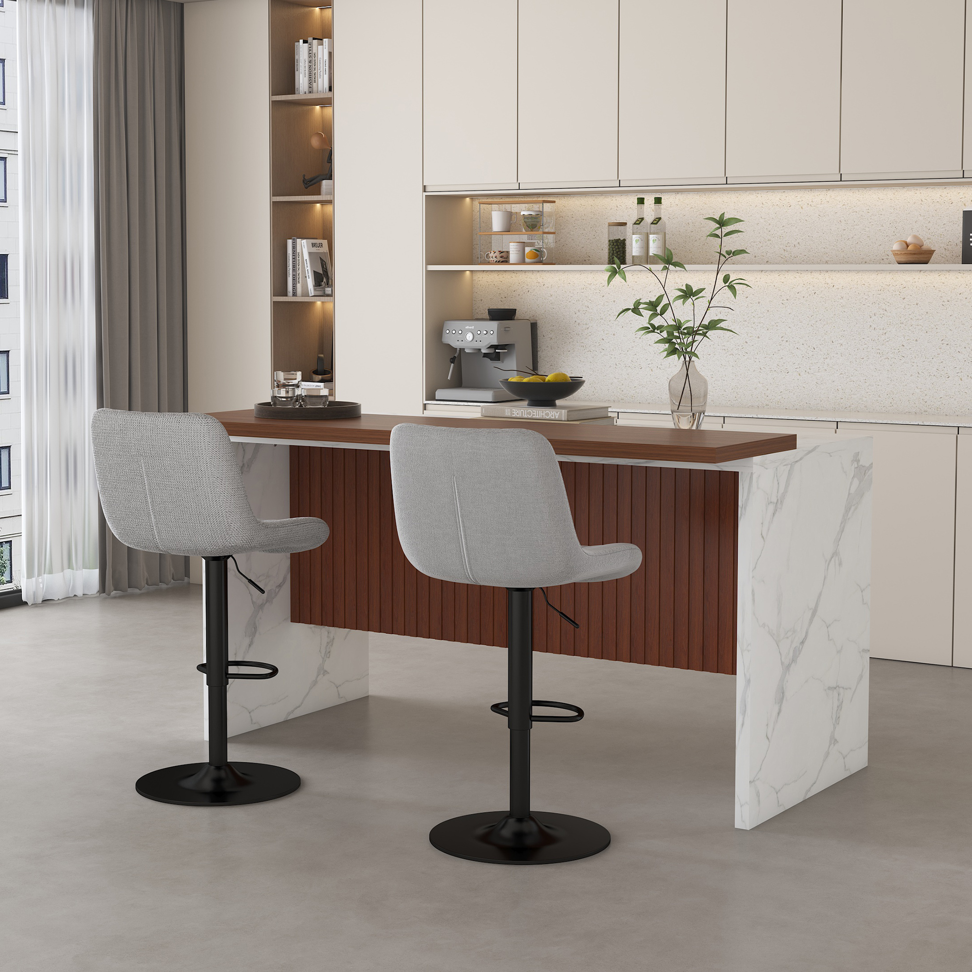 63" Modern Kitchen Island Set with LED Lighting & Marble Top - Contemporary Dining Table with Walnut Overhang, Grill Design & 2 Adjustable Gray Bar Stools for Open Concept Spaces