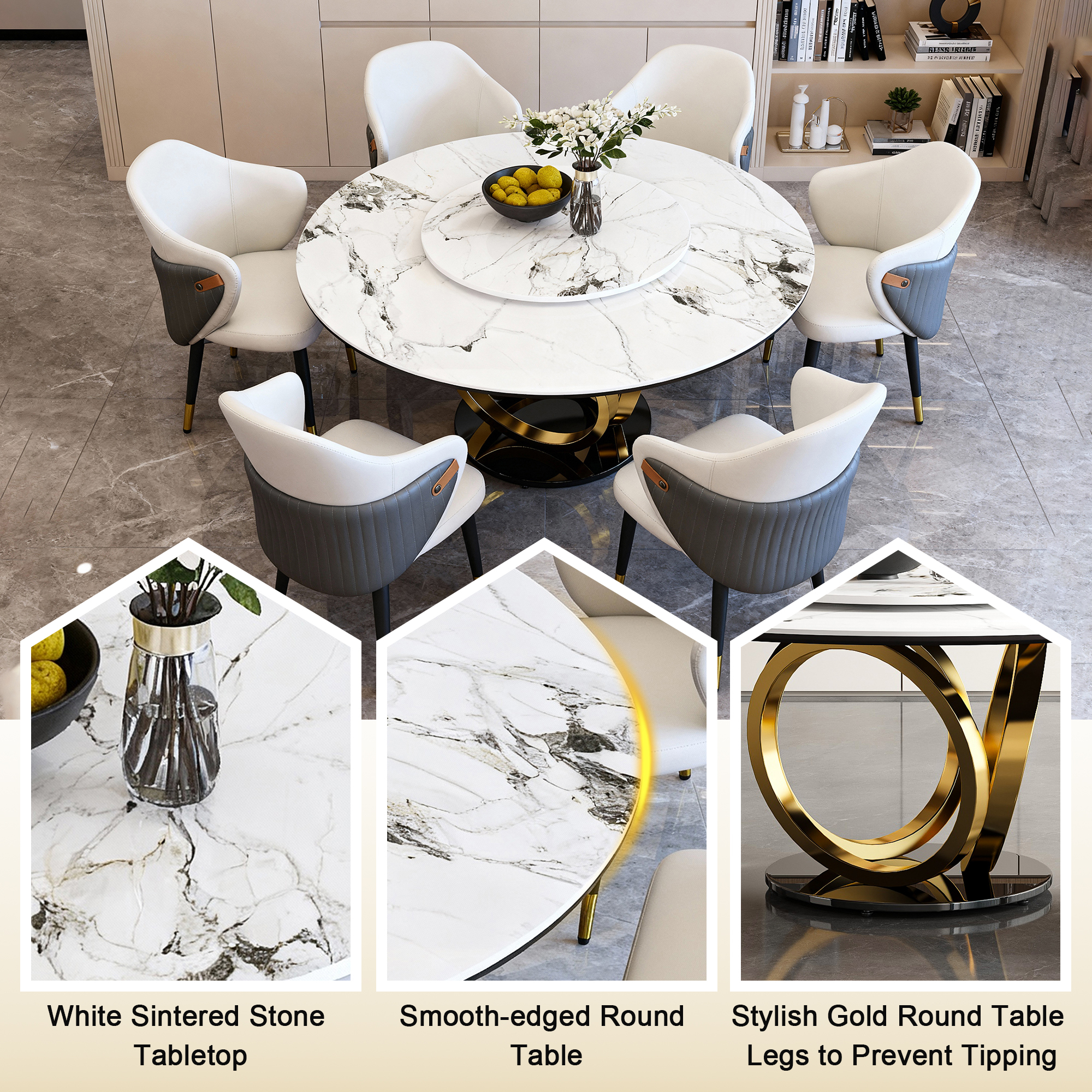 59" Round Dining Table Set with 360° Rotating Lazy Susan - Modern Sintered Stone Marble Top Kitchen Table for 6