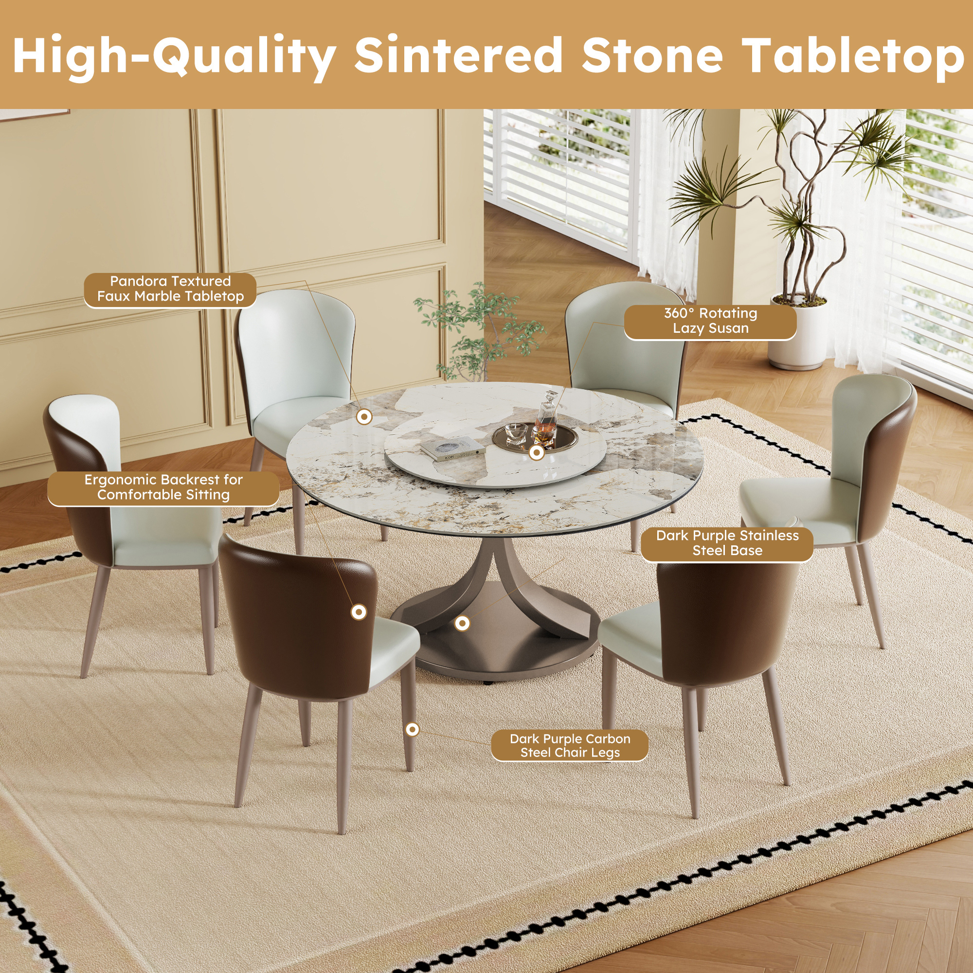 59" Round Dining Table Set with 360° Rotating Lazy Susan - Scratch & Heat Resistant Sintered Stone Top, Stainless Steel Base for Modern Kitchen