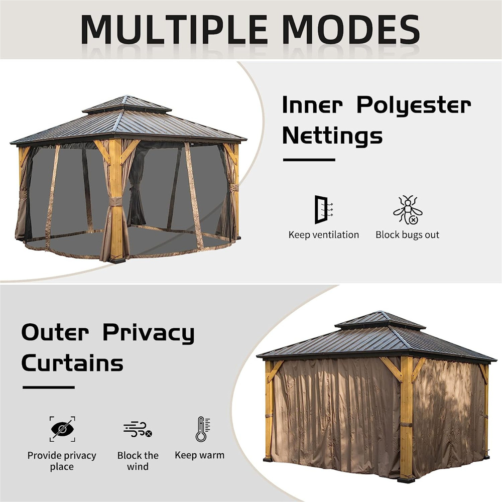 12'x12' Hardtop Gazebo with Cedar Wood Frame & Galvanized Steel Roof, Permanent Outdoor Patio Pavilion with Privacy Curtains & Bug Netting