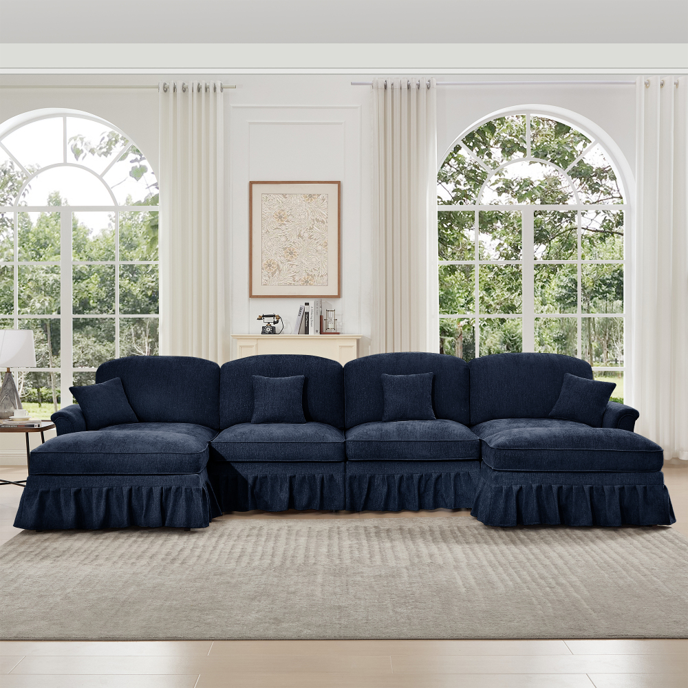 Classic Blue Chenille U-Shaped Modular Sectional Sofa with Removable Ruffled Skirt & Flared Arms