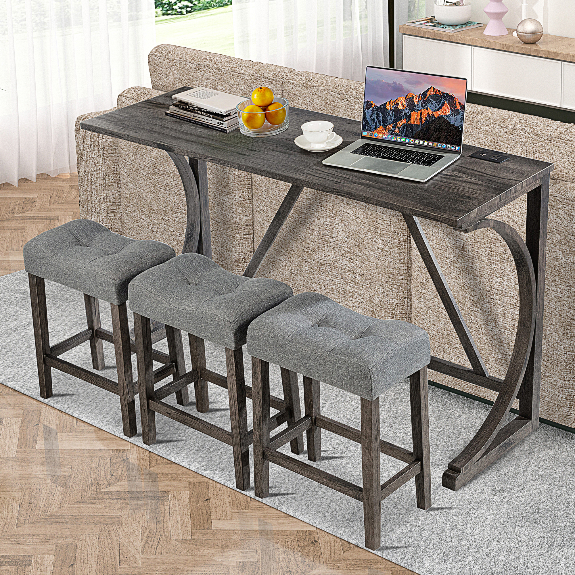 4-Piece Bar Table Set with Power Outlet & USB Ports, Dark Gray Dining Counter Height Pub Table and 3 Padded Stools for Kitchen, Living Room
