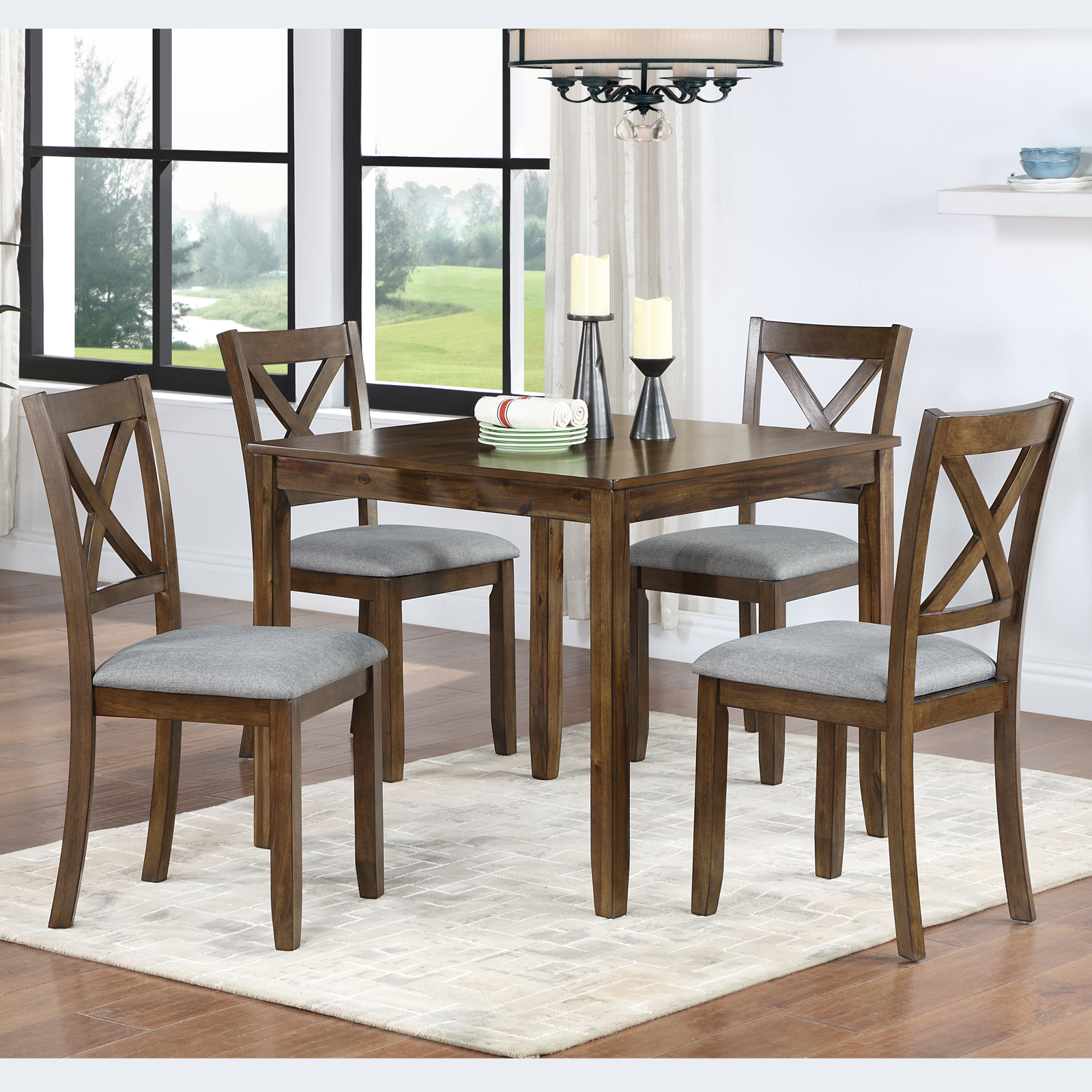 Modern 5-Piece Square Dining Table Set for 4, Walnut Finish Wood Kitchen Table with 4 Upholstered Cross-Back Chairs