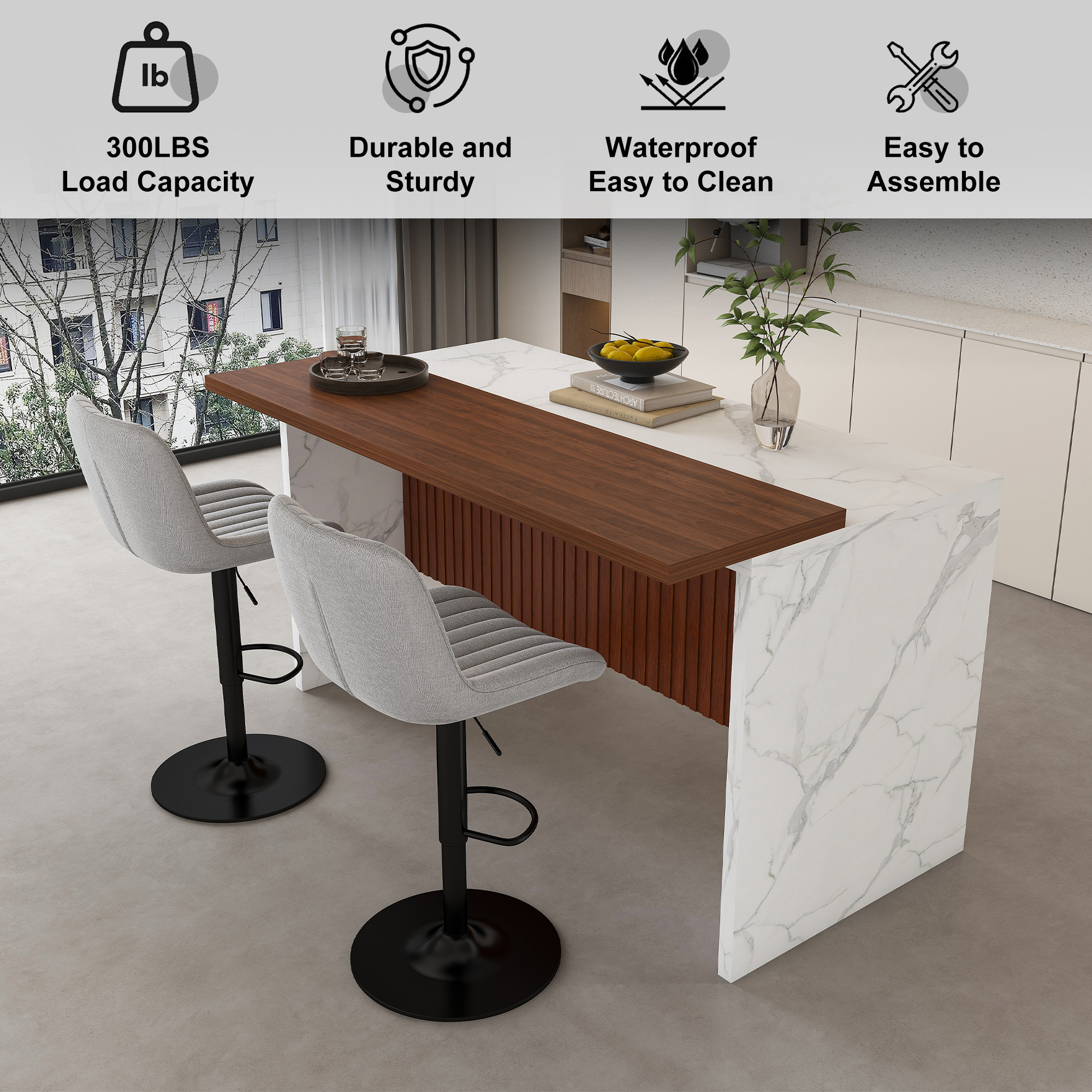 63" Modern Kitchen Island Set with LED Lighting & Marble Top - Contemporary Dining Table with Walnut Overhang, Grill Design & 2 Adjustable Gray Bar Stools for Open Concept Spaces