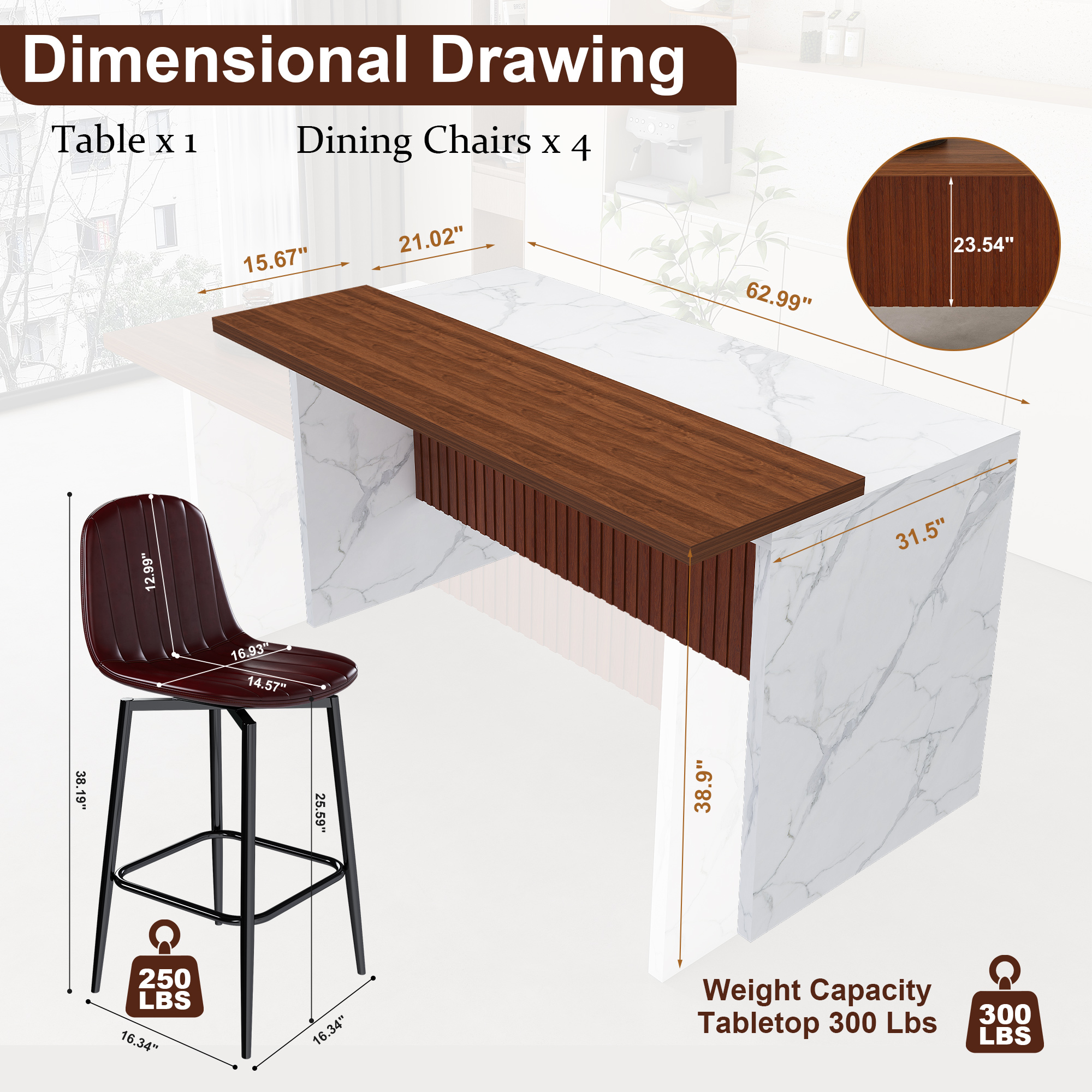 63" Modern Kitchen Island with LED Lighting & Marble Top - 4 Dark Brown Bar Stools Set for Open Concept Dining