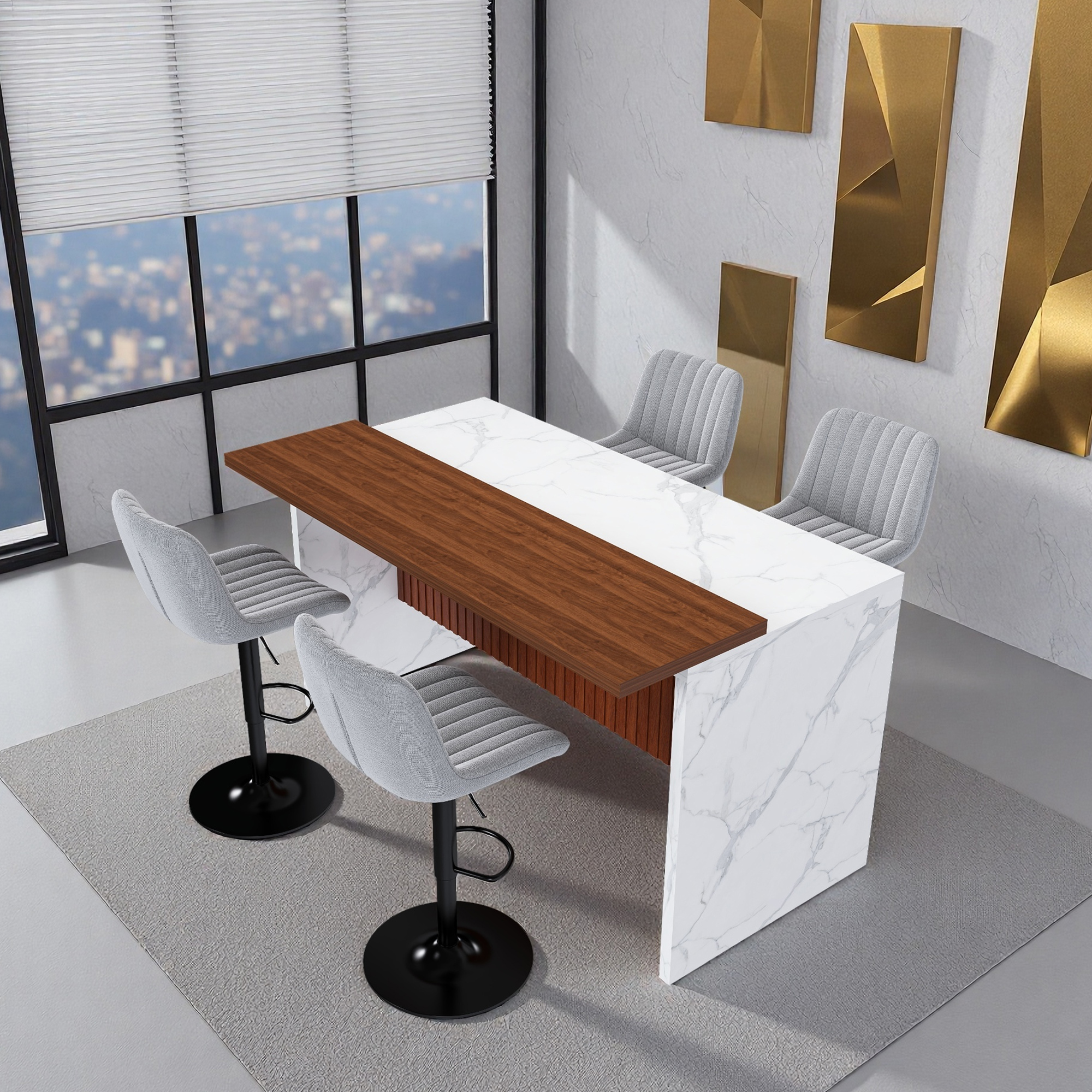 63" Modern Kitchen Island Set with LED Lighting & Marble Top - 4-Piece Dining Table with Gray Bar Stools for Open Concept Spaces