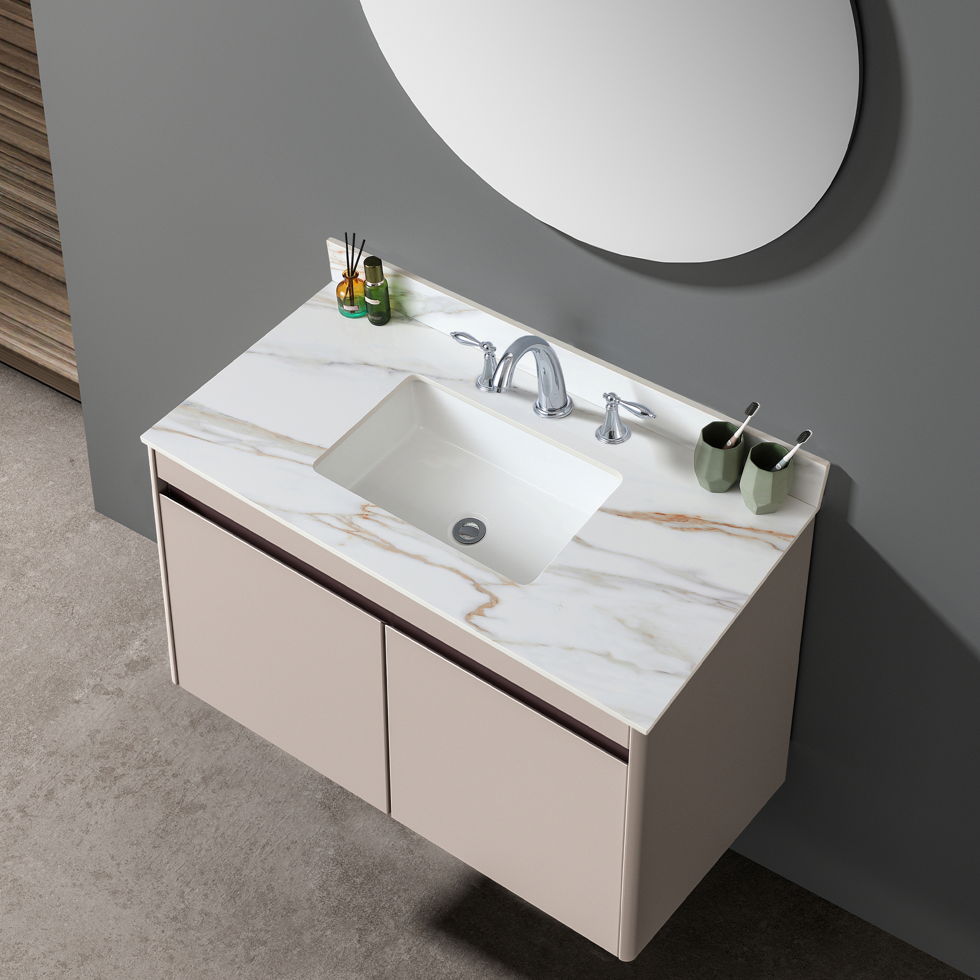 43 Inch Sintered Stone Vanity Top with Undermount Rectangular Sink, Carrara White Marble Bathroom Countertop with 4-Inch Backsplash & Pre-Drilled Faucet Holes