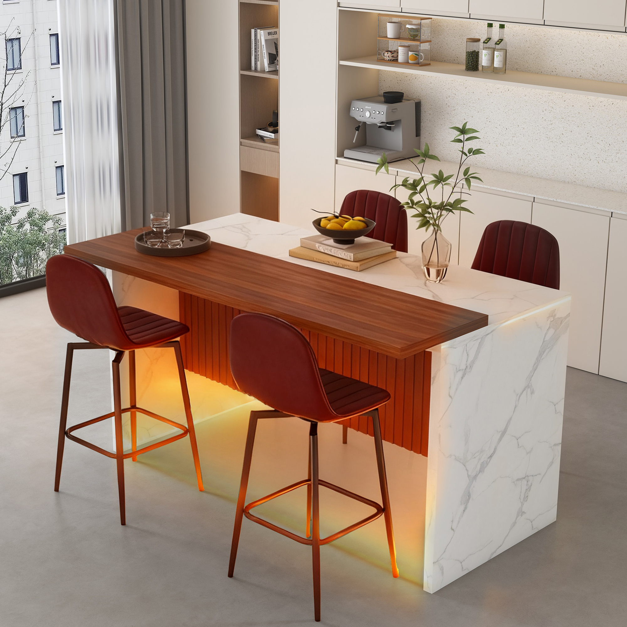 63" Modern Kitchen Island with LED Lighting & Marble Top - 4 Dark Brown Bar Stools Set for Open Concept Dining