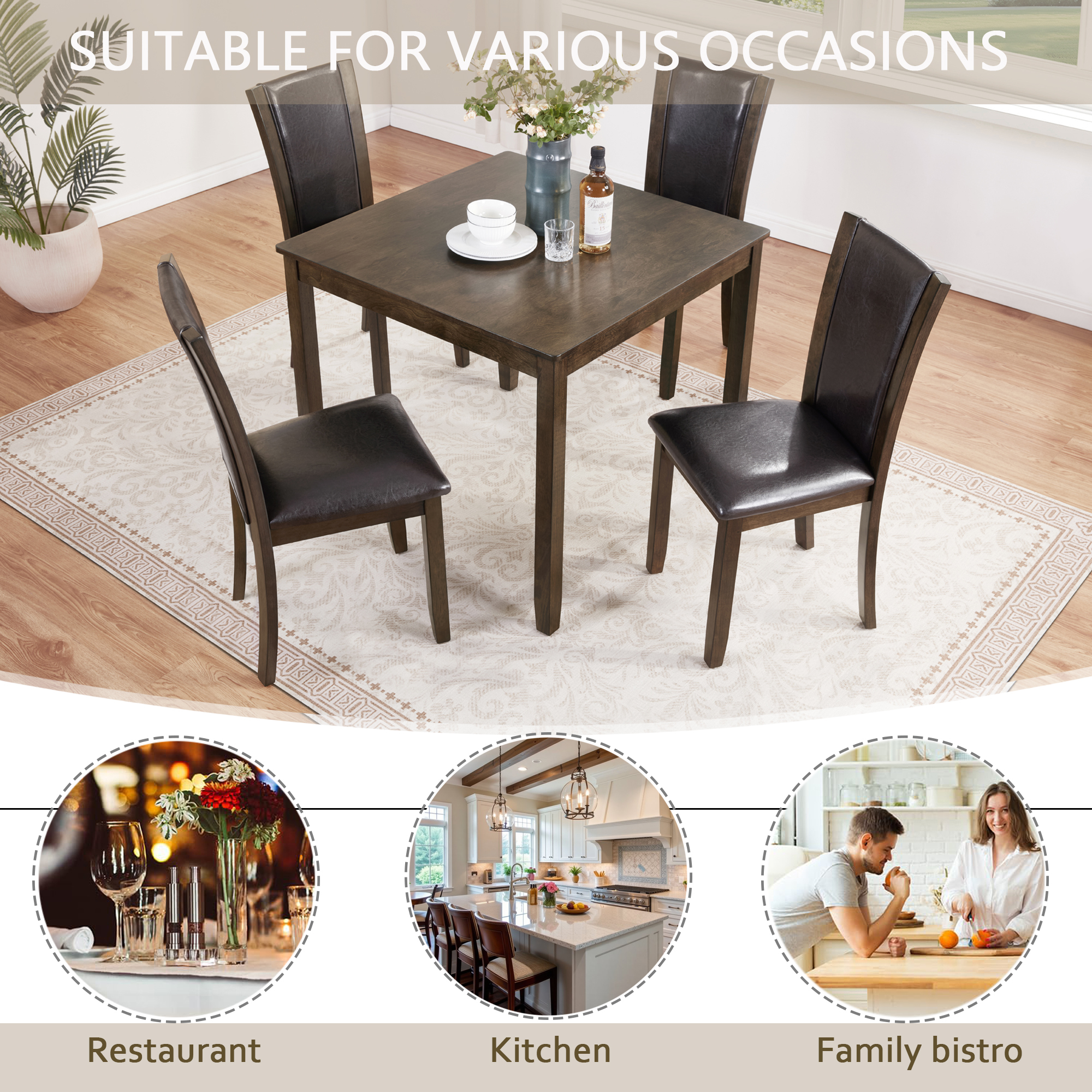 Rustic Farmhouse 5-Piece Dining Table Set with 4 Chairs - Dark Walnut Square Kitchen Table for Small Spaces