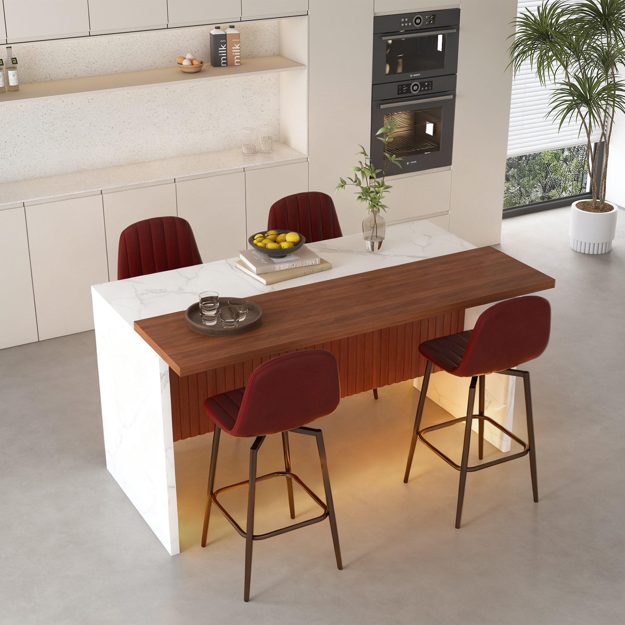 63" Modern Kitchen Island with LED Lighting & Marble Top - 4 Dark Brown Bar Stools Set for Open Concept Dining
