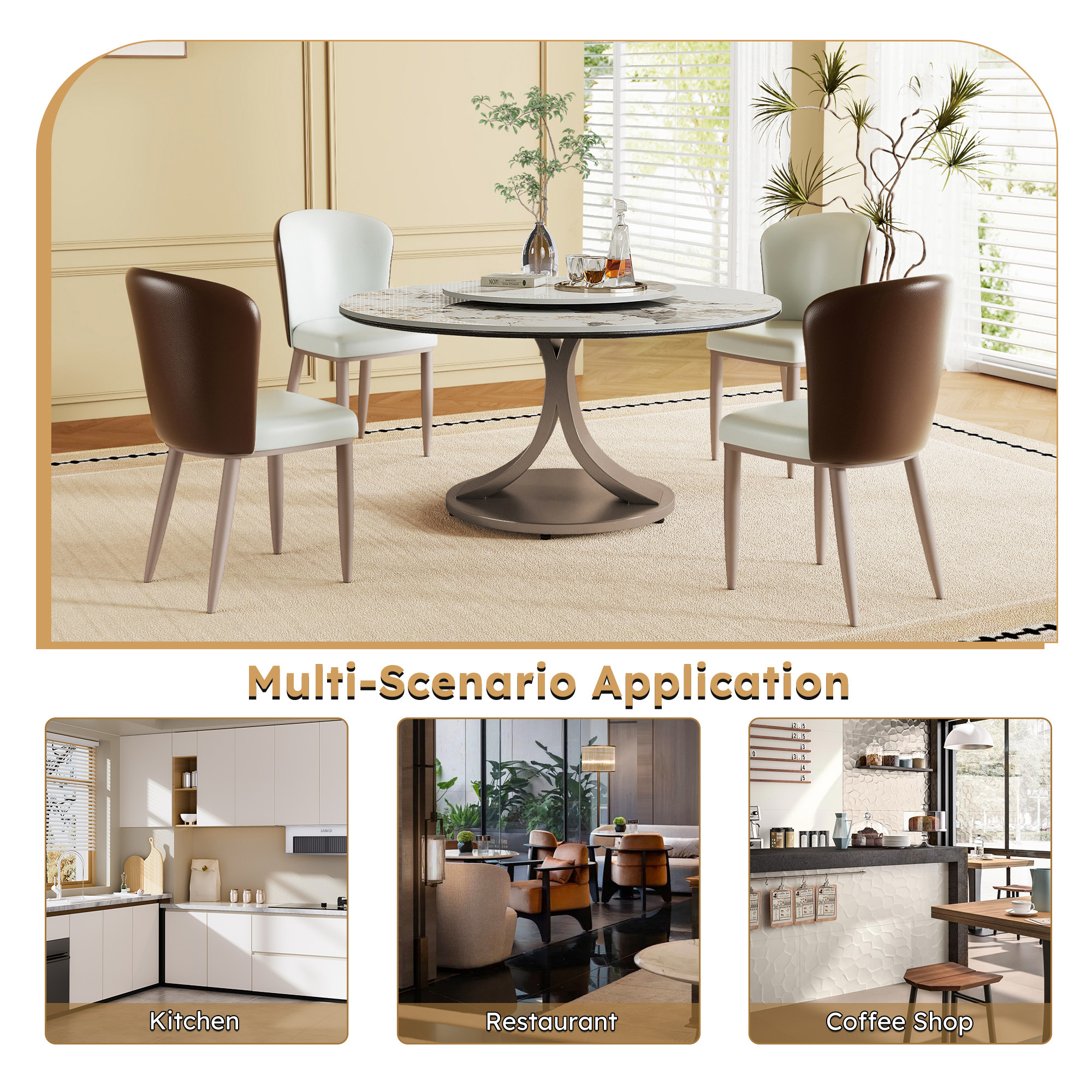 59" Round Dining Table Set with Rotating Lazy Susan - Scratch & Heat Resistant Sintered Stone Top, Stainless Steel Base, Modern Luxury Kitchen Furniture for 4-8 People