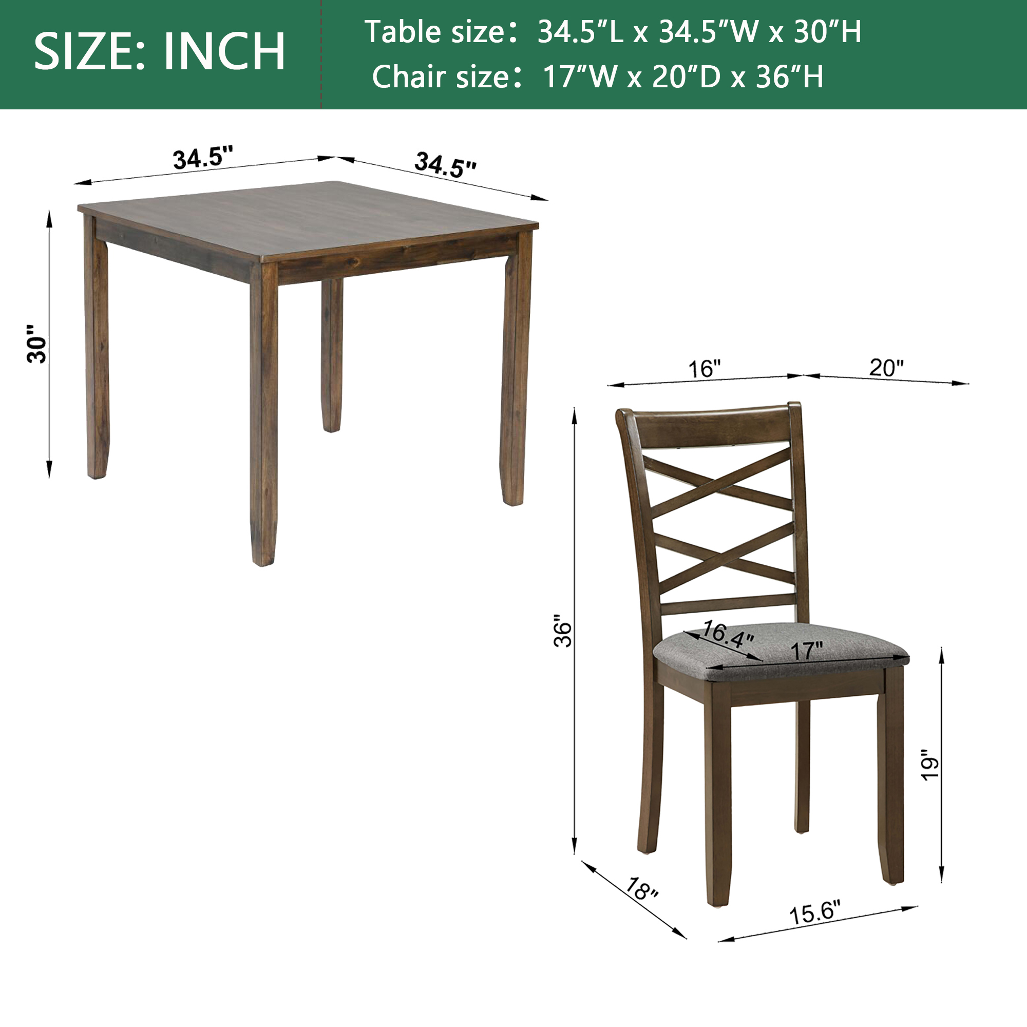 Modern 5-Piece Square Dining Table Set for 4, Walnut Finish Wood Kitchen Table with Upholstered Chairs