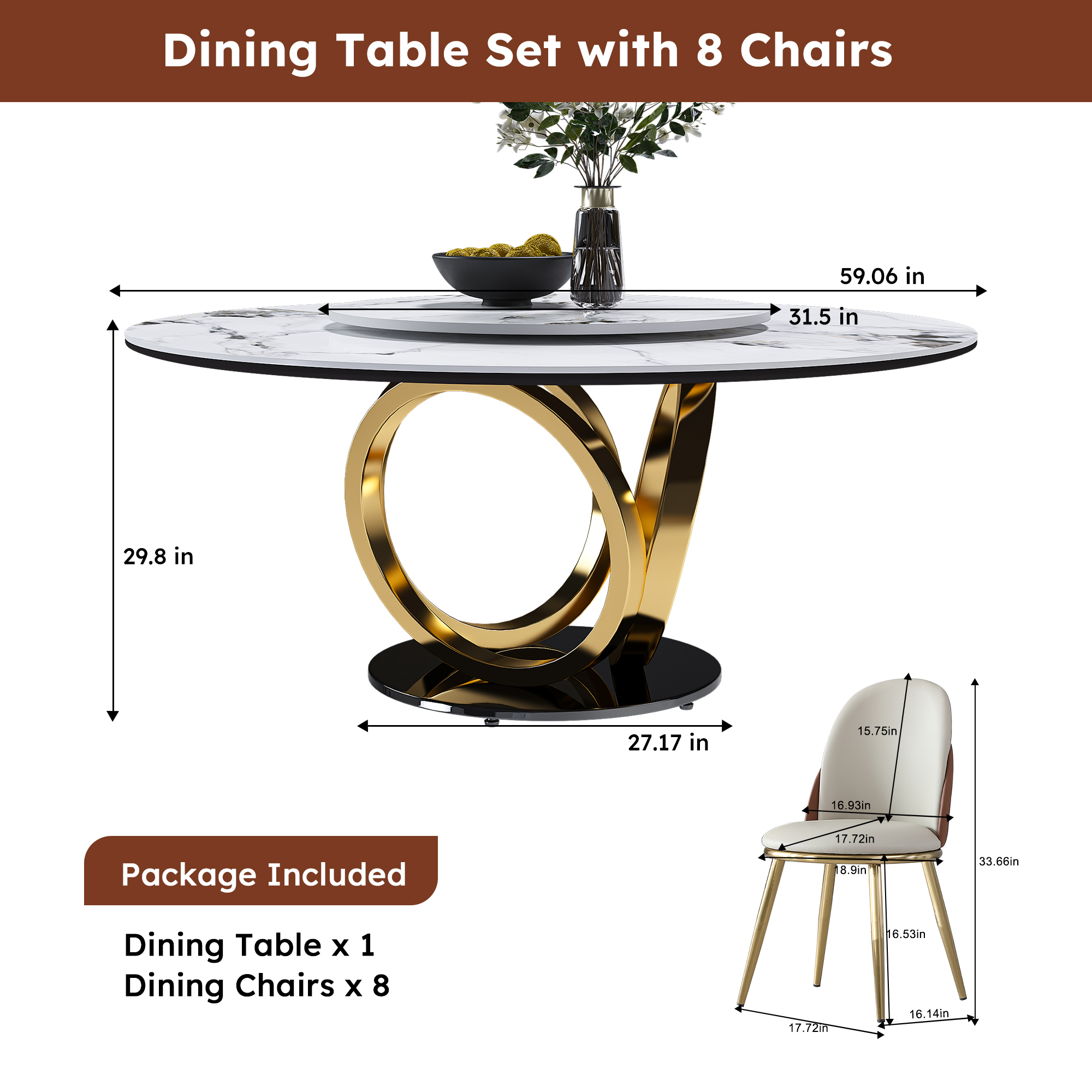 59" Round Sintered Stone Dining Table Set with Rotating Lazy Susan & Gold Base - Modern 8-Piece Kitchen Dinette Furniture