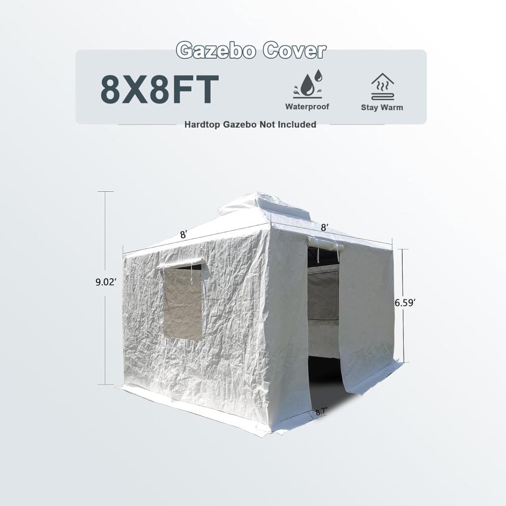 White Waterproof Winter Gazebo Enclosure Cover with Zippered Door & Mesh Windows for 8'x8' Metal Patio Canopy