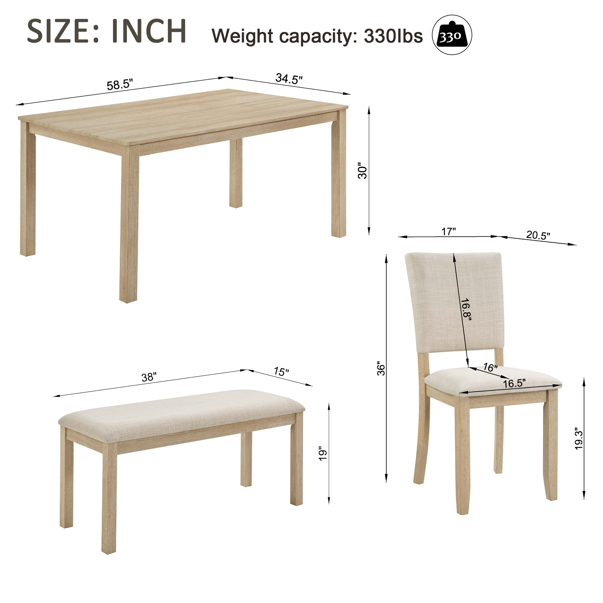 Modern 6-Piece Dining Set with Bench & 4 Chairs - Light Oak Rectangular Kitchen Table Ensemble
