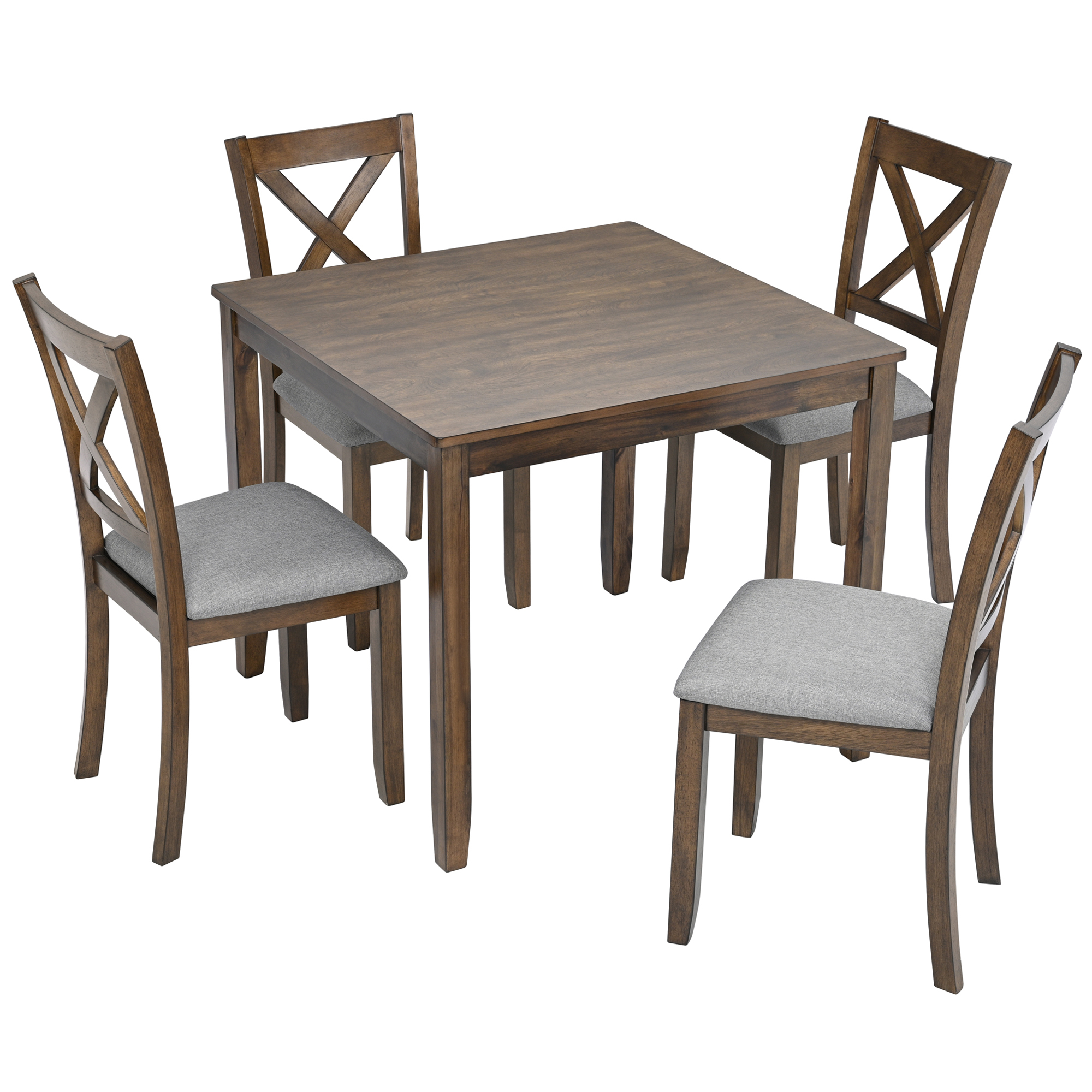 Modern 5-Piece Square Dining Table Set for 4, Walnut Finish Wood Kitchen Table with 4 Upholstered Cross-Back Chairs