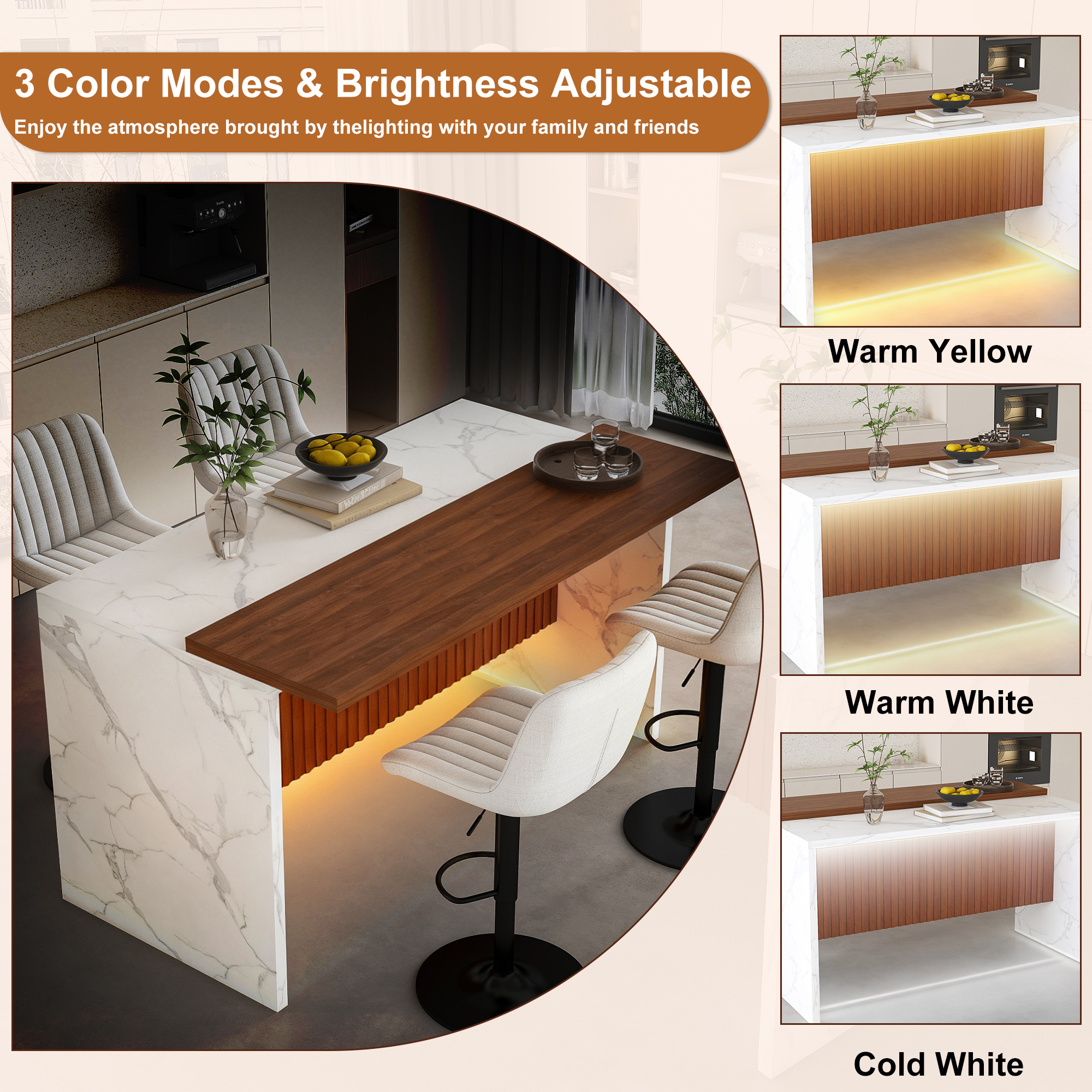 63" Modern Kitchen Island Set with LED Lighting & 4 Beige Bar Stools - White Marble Look Dining Table for Open Concept Spaces