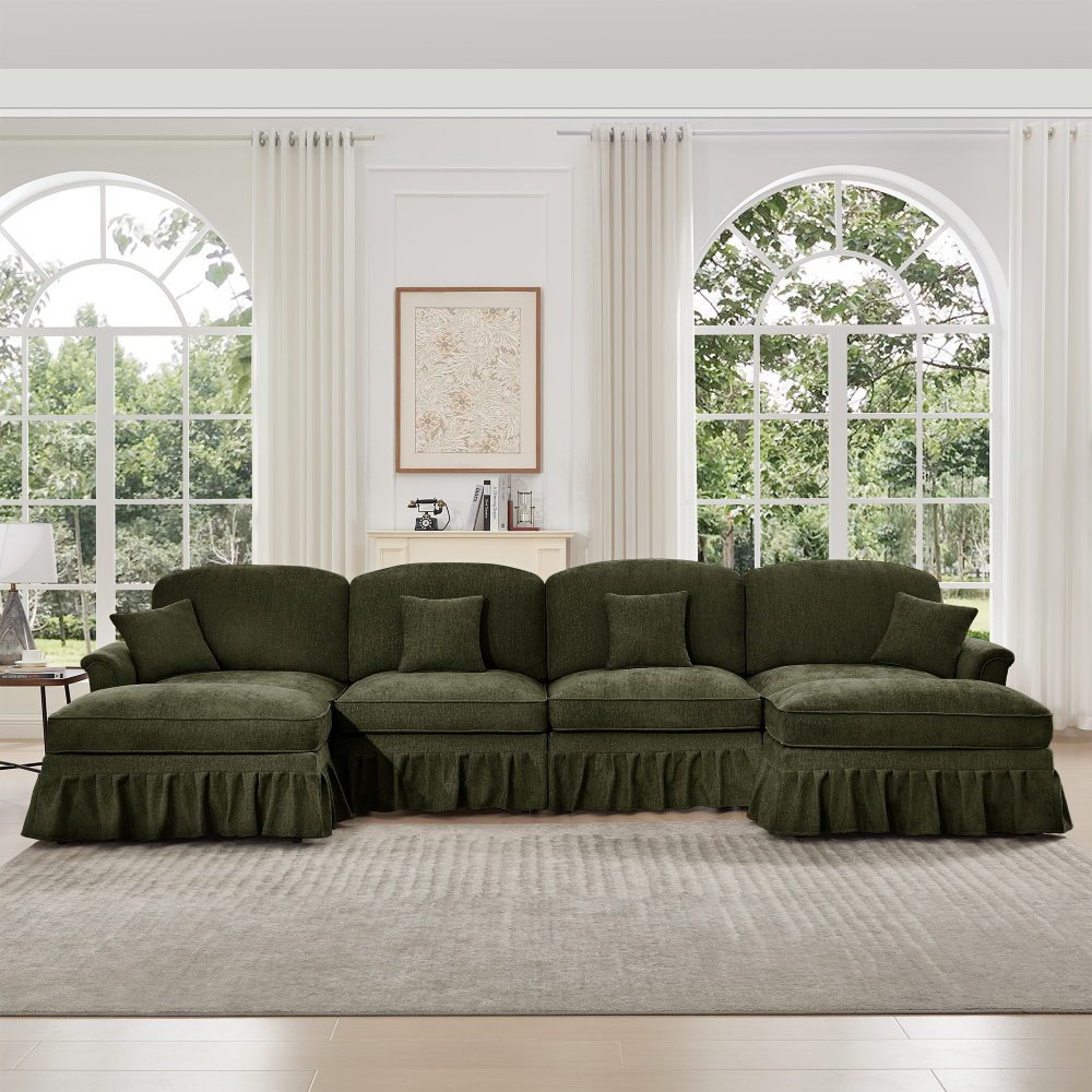 Classic Green Chenille U-Shaped Modular Sectional Sofa with Removable Ruffle Skirt & Flared Arms
