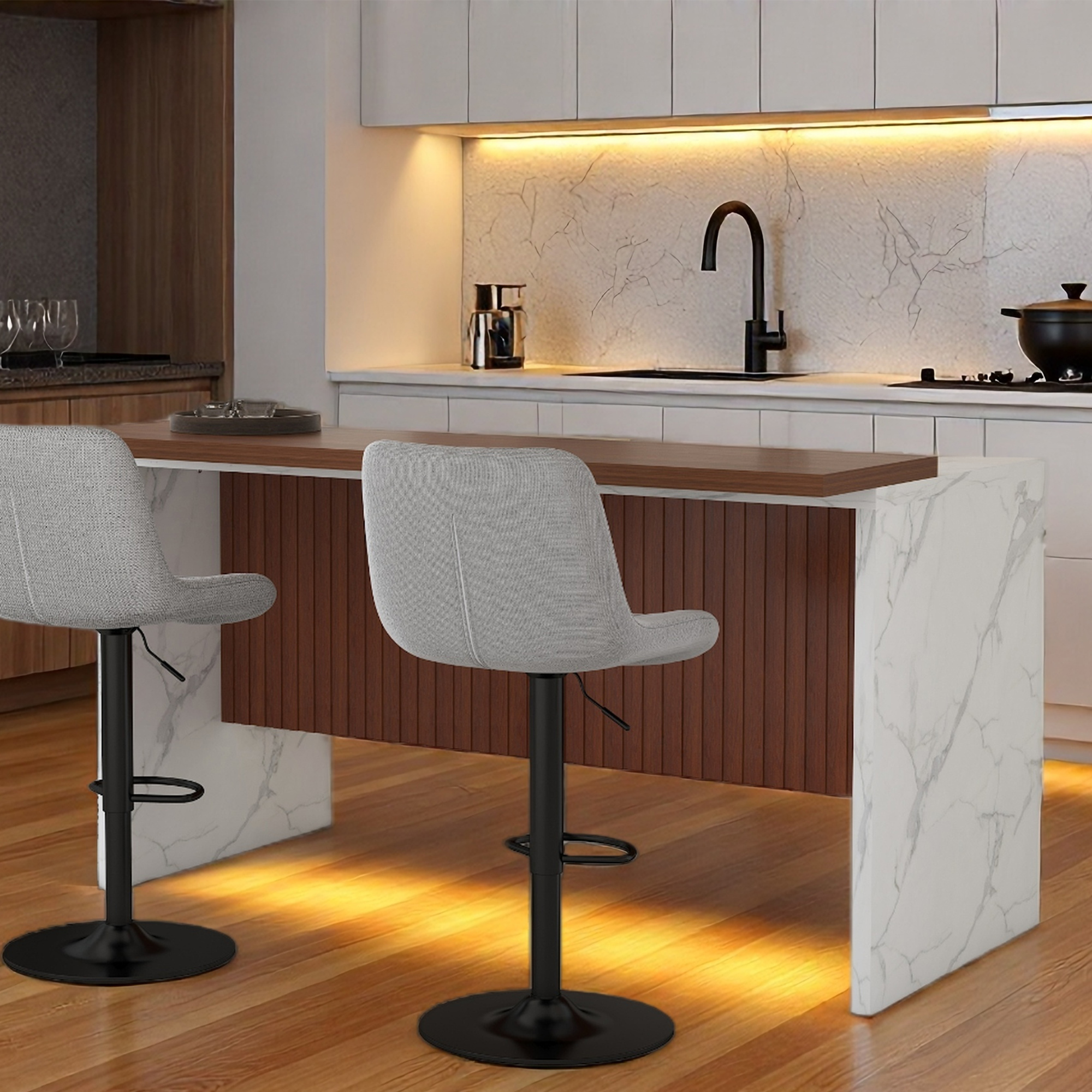 63" Modern Kitchen Island Set with LED Lighting & Marble Top - Contemporary Dining Table with Walnut Overhang, Grill Design & 2 Adjustable Gray Bar Stools for Open Concept Spaces