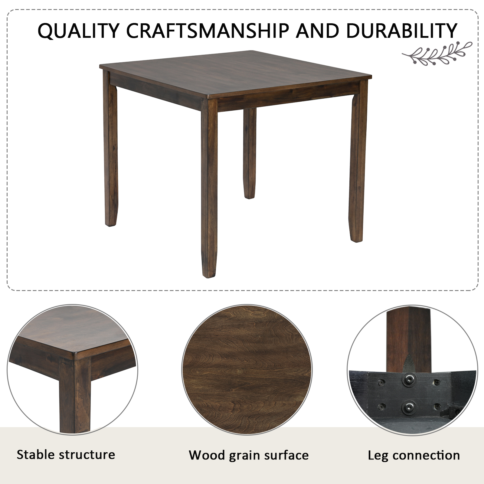 Rustic Farmhouse 5-Piece Dining Table Set with 4 Chairs - Dark Walnut Square Kitchen Table for Small Spaces