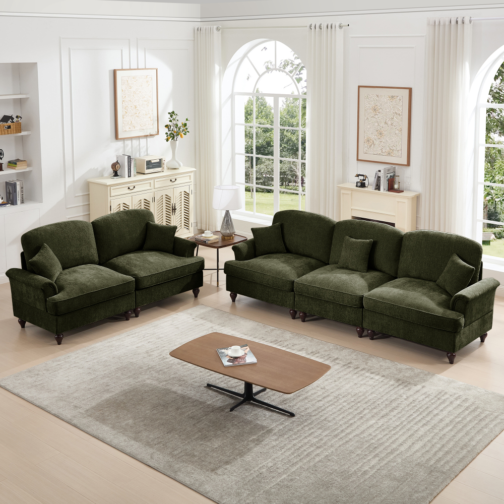 Classic Green Chenille Modular Sofa Set with Removable Ruffle Skirts, Flared Arms & Spindle Legs - 3-Seater Sectional Couch for Living Room