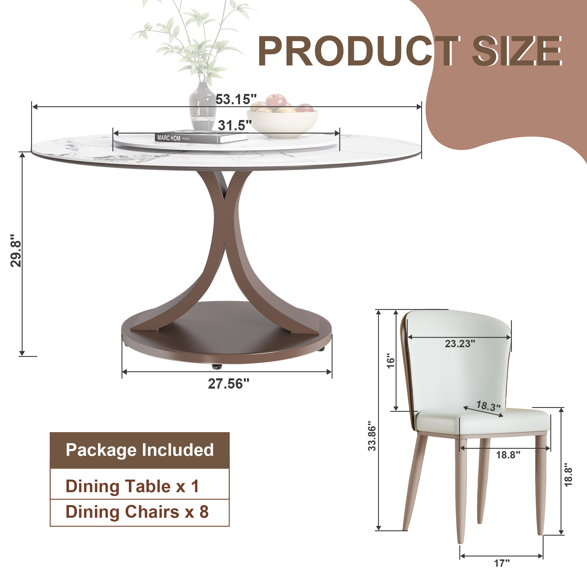 53" Round Sintered Stone Dining Table Set with Rotating Lazy Susan & 8 Modern Chairs - Scratch Resistant Luxury Kitchen Furniture