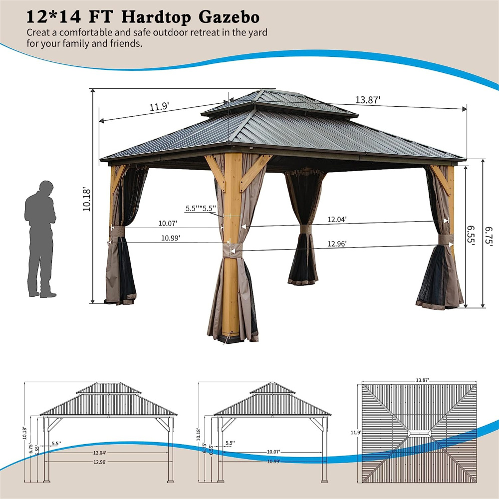12'x14' Hardtop Gazebo with Galvanized Steel Double Roof, Cedar Wood Frame Outdoor Pavilion with Privacy Curtains & Mosquito Netting for Patio