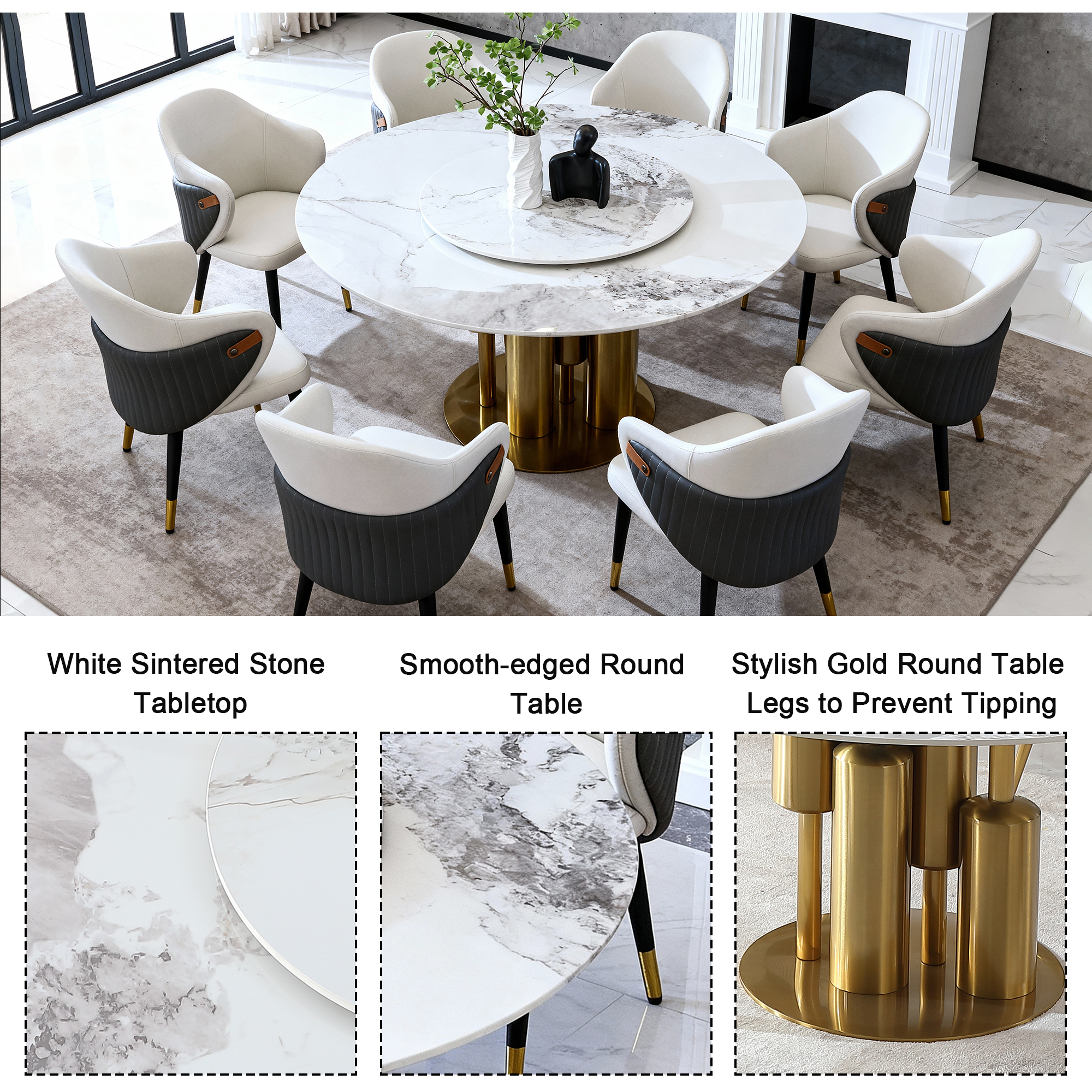 59" Round Sintered Stone Dining Table Set with 360° Lazy Susan & Gold Base - Luxury Modern Kitchen Furniture for 6
