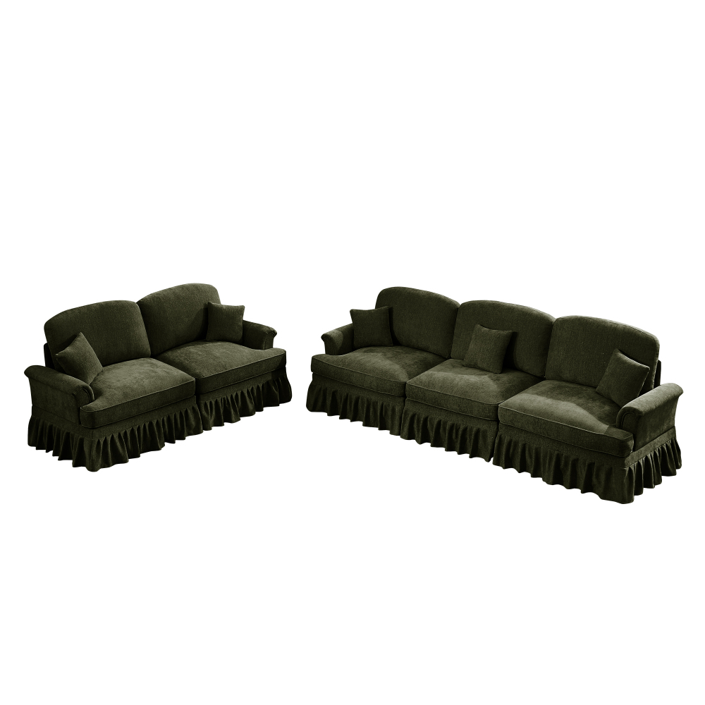 Classic Green Chenille Modular Sofa Set with Removable Ruffle Skirts, Flared Arms & Spindle Legs - 3-Seater Sectional Couch for Living Room