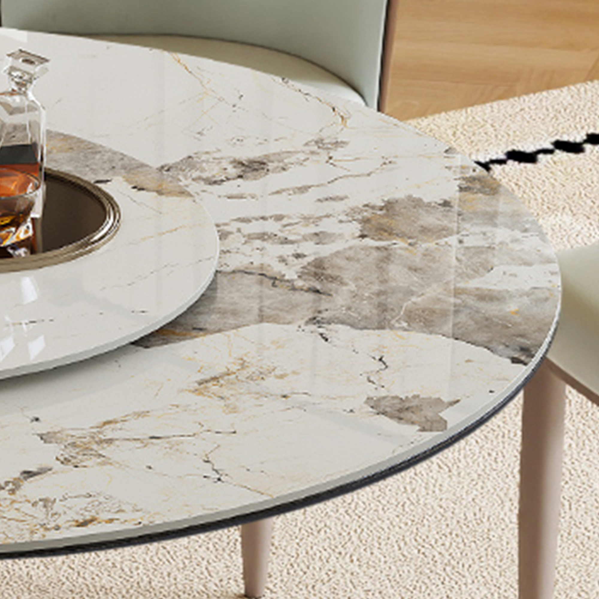 59" Round Dining Table Set with 360° Rotating Lazy Susan - Scratch & Heat Resistant Sintered Stone Top, Stainless Steel Base for Modern Kitchen