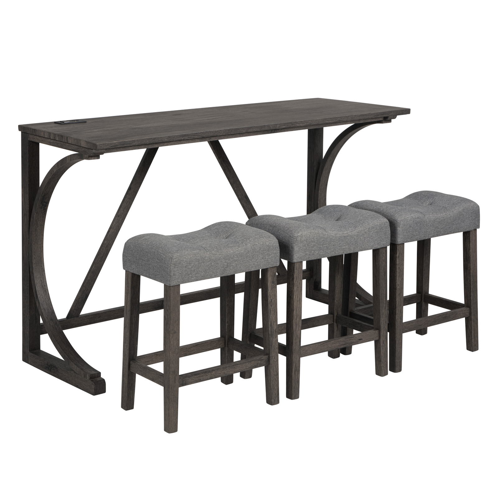 4-Piece Bar Table Set with Power Outlet & USB Ports, Dark Gray Dining Counter Height Pub Table and 3 Padded Stools for Kitchen, Living Room