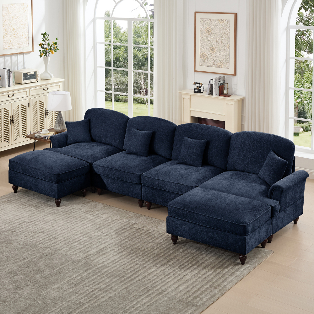Classic Blue Chenille U-Shaped Modular Sectional Sofa with Removable Ruffled Skirt & Flared Arms