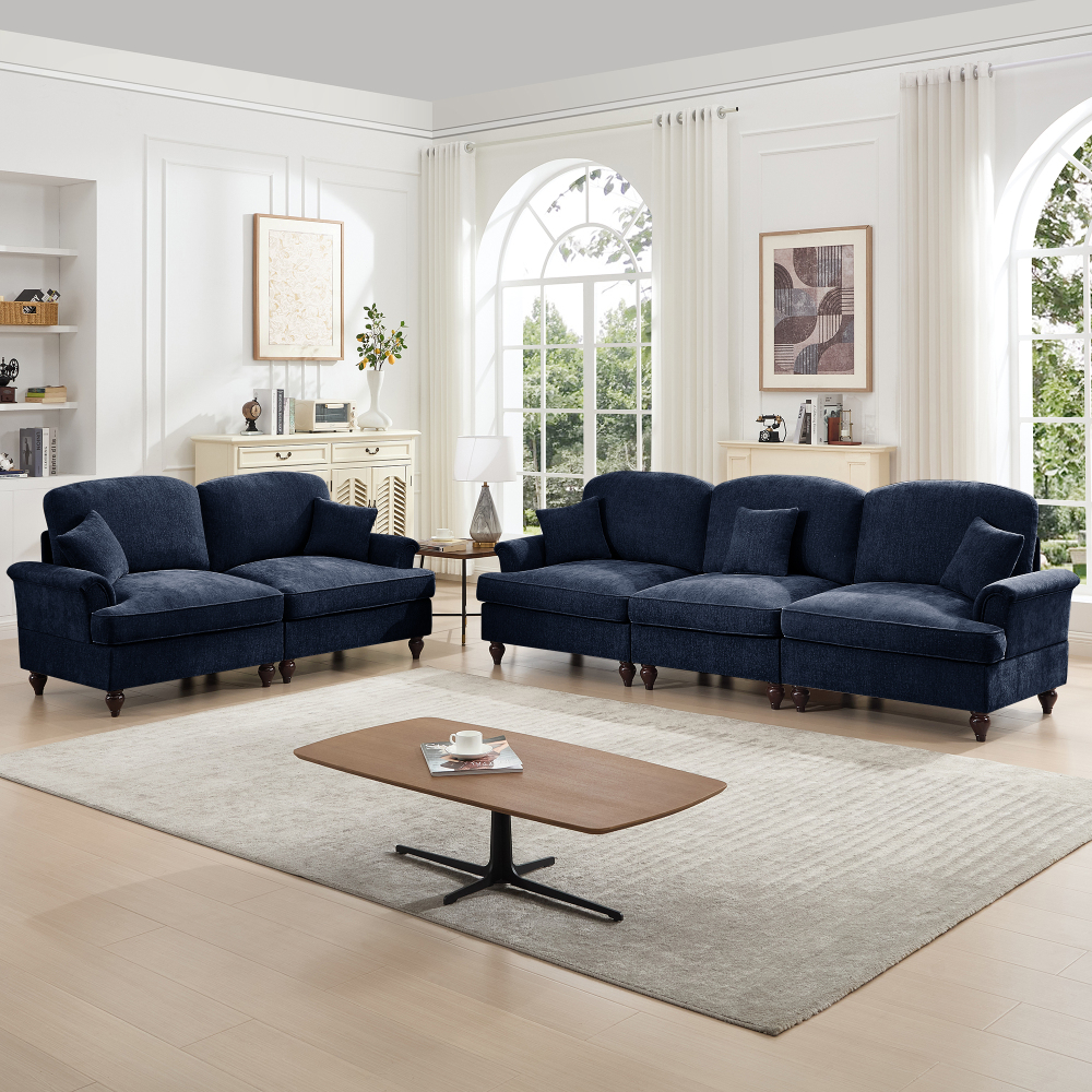 Classic Blue Chenille Modular Sofa Set with Removable Ruffle Skirts - Elegant 3-Seater & Loveseat Living Room Furniture