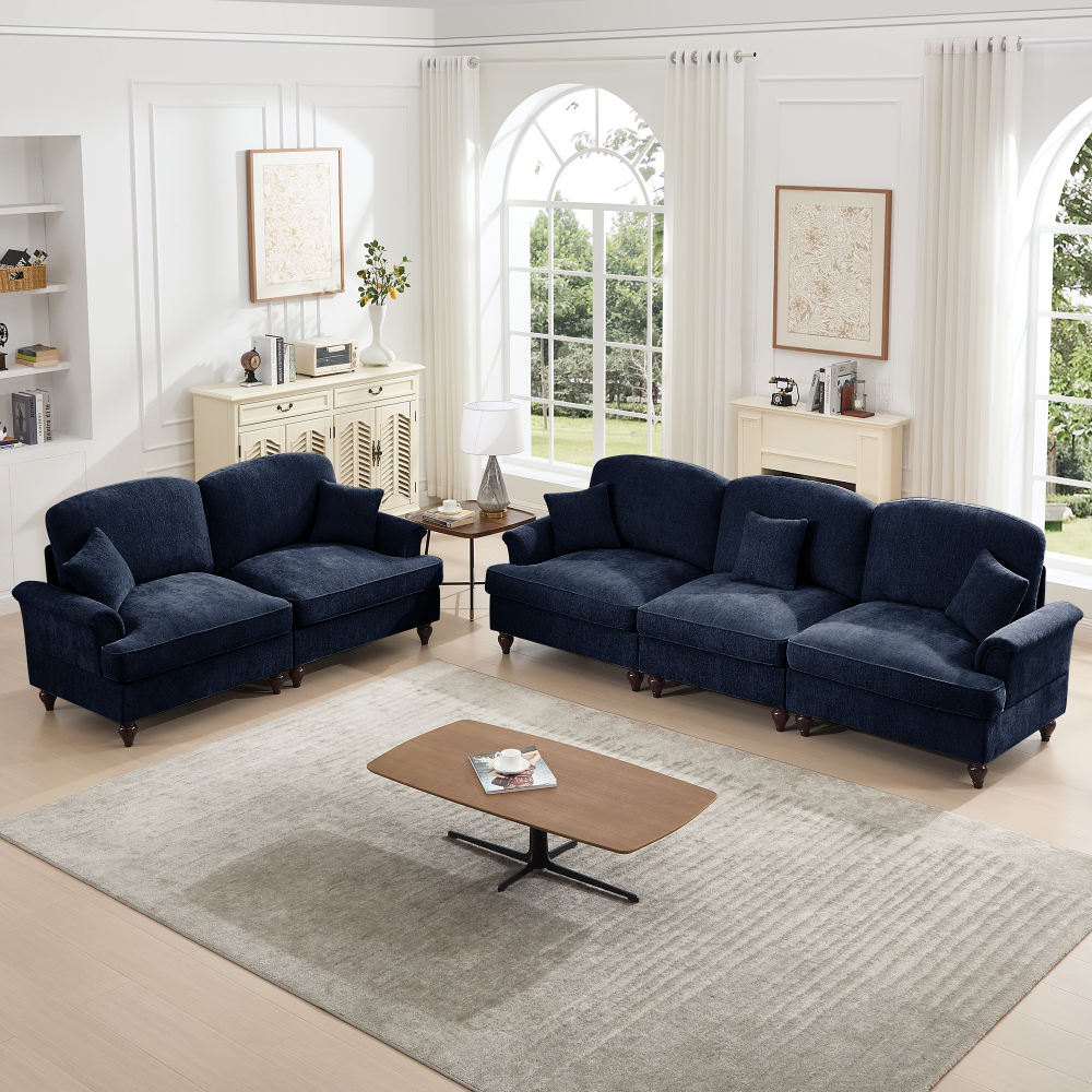 Classic Blue Chenille Modular Sofa Set with Removable Ruffle Skirts - Elegant 3-Seater & Loveseat Living Room Furniture