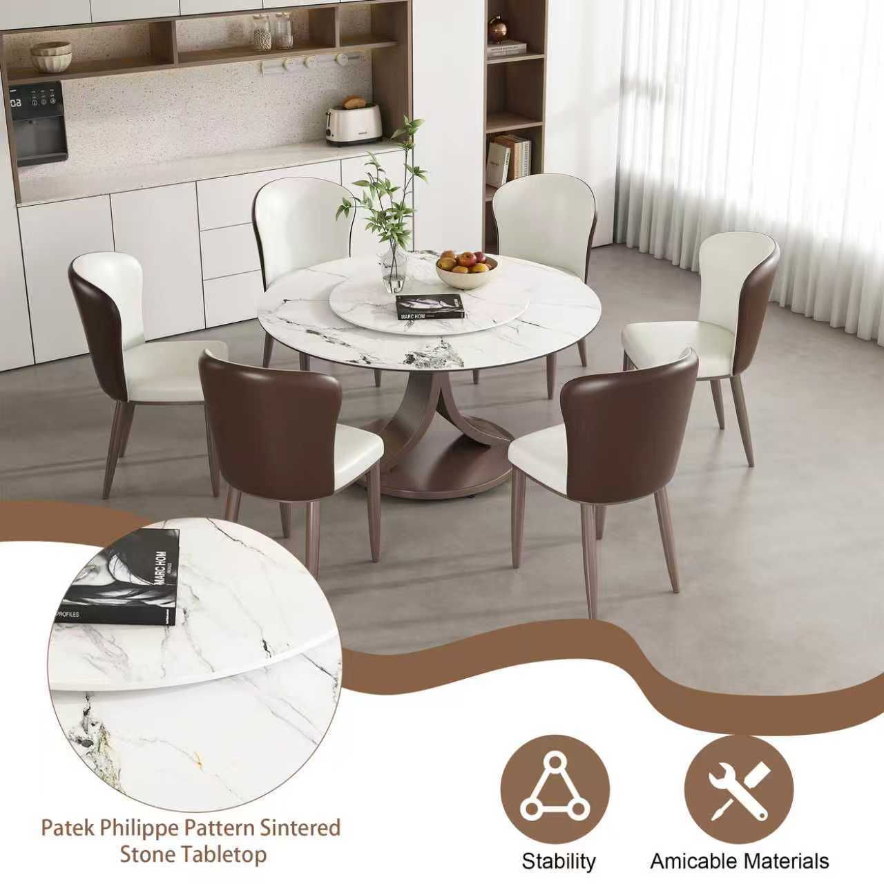 53" Round Sintered Stone Dining Table Set with Rotating Lazy Susan & 8 Modern Chairs - Scratch Resistant Luxury Kitchen Furniture